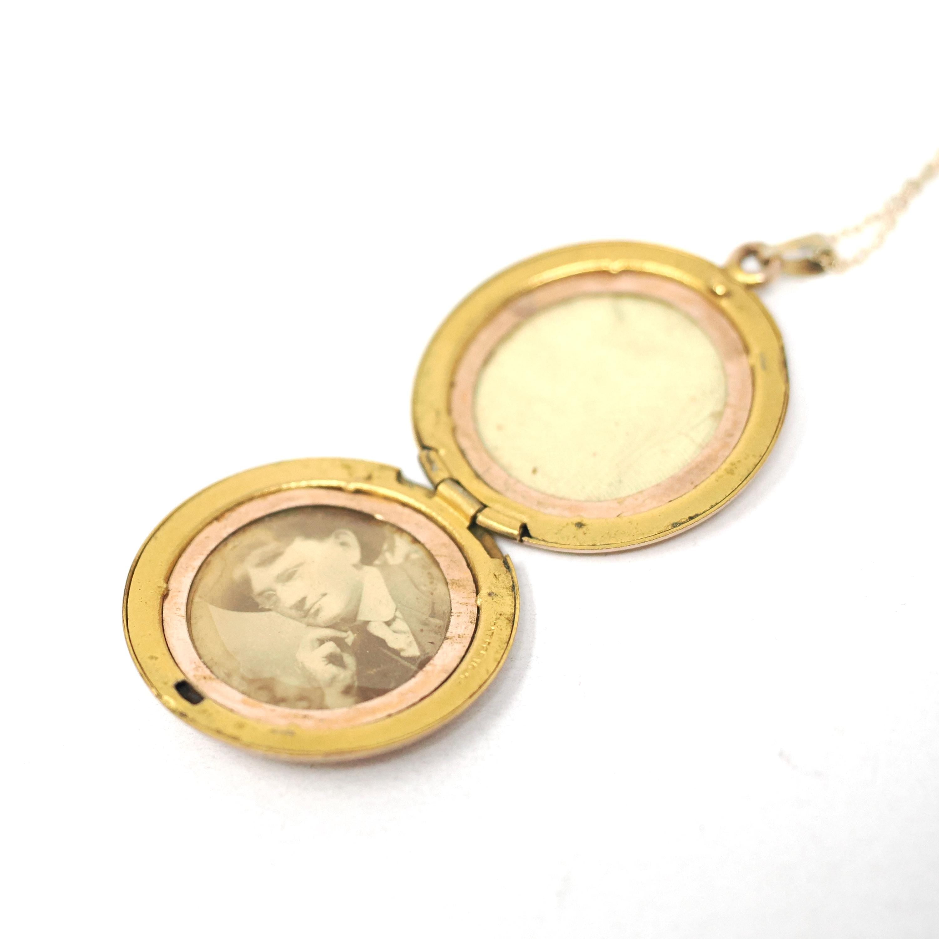Antique Flower Locket - Edwardian Gold Filled Rhinestones Pendant Necklace - Circa 1900s Era Round Engraved Photograph Statement Jewelry