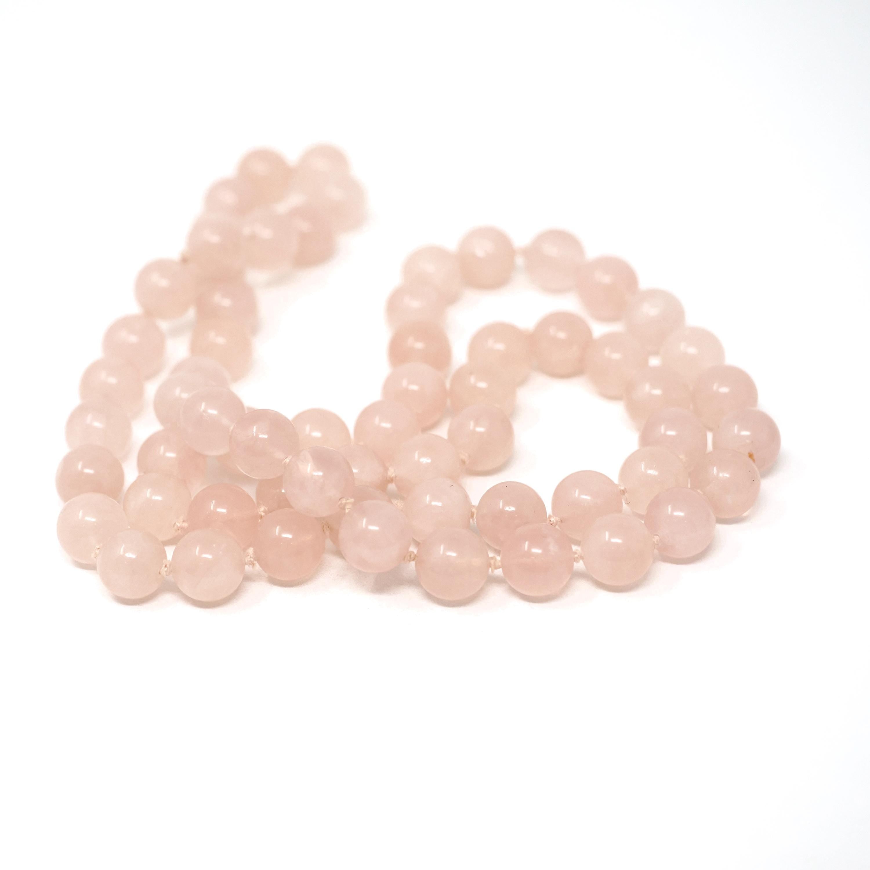 Rose Quartz Necklace - Modern Estate Natural 12.2MM Round Pink Quartz Bead Strand - Circa 2000s Individual Knotted Silk Healing Love Jewelry