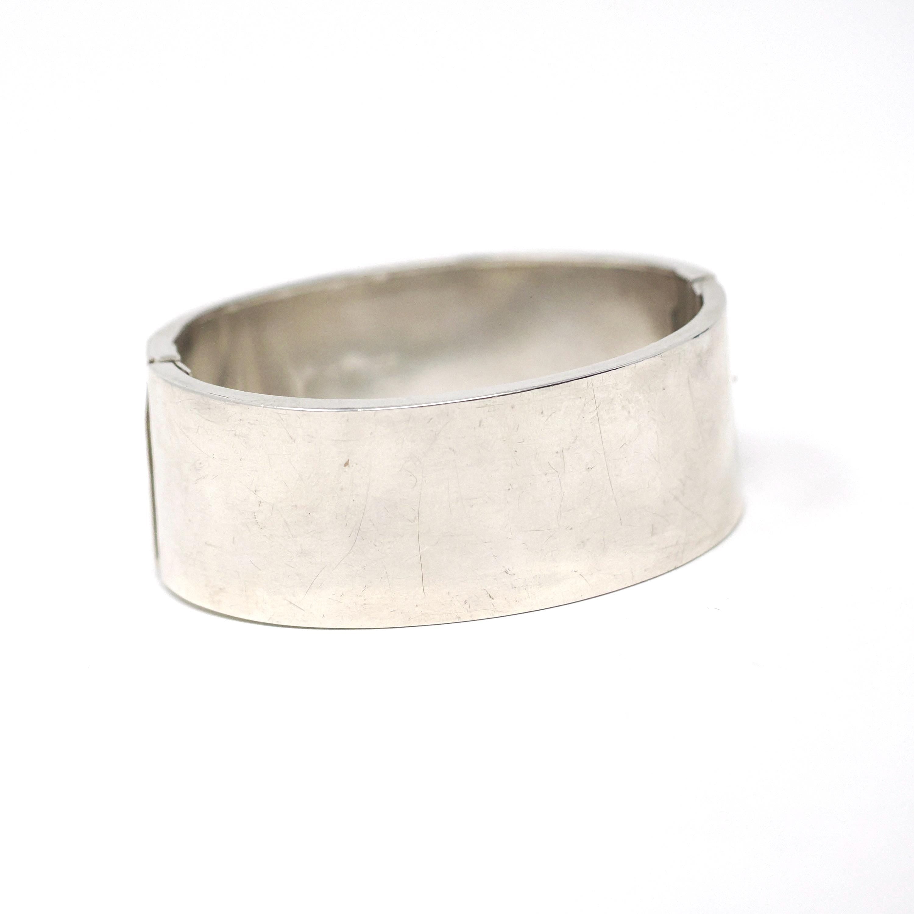 Antique Floral Bangle - Art Deco Sterling Silver Engraved Nature Leaf Designs - Hallmarked 1920 Wide Stacking Hinged Birmingham Jewelry