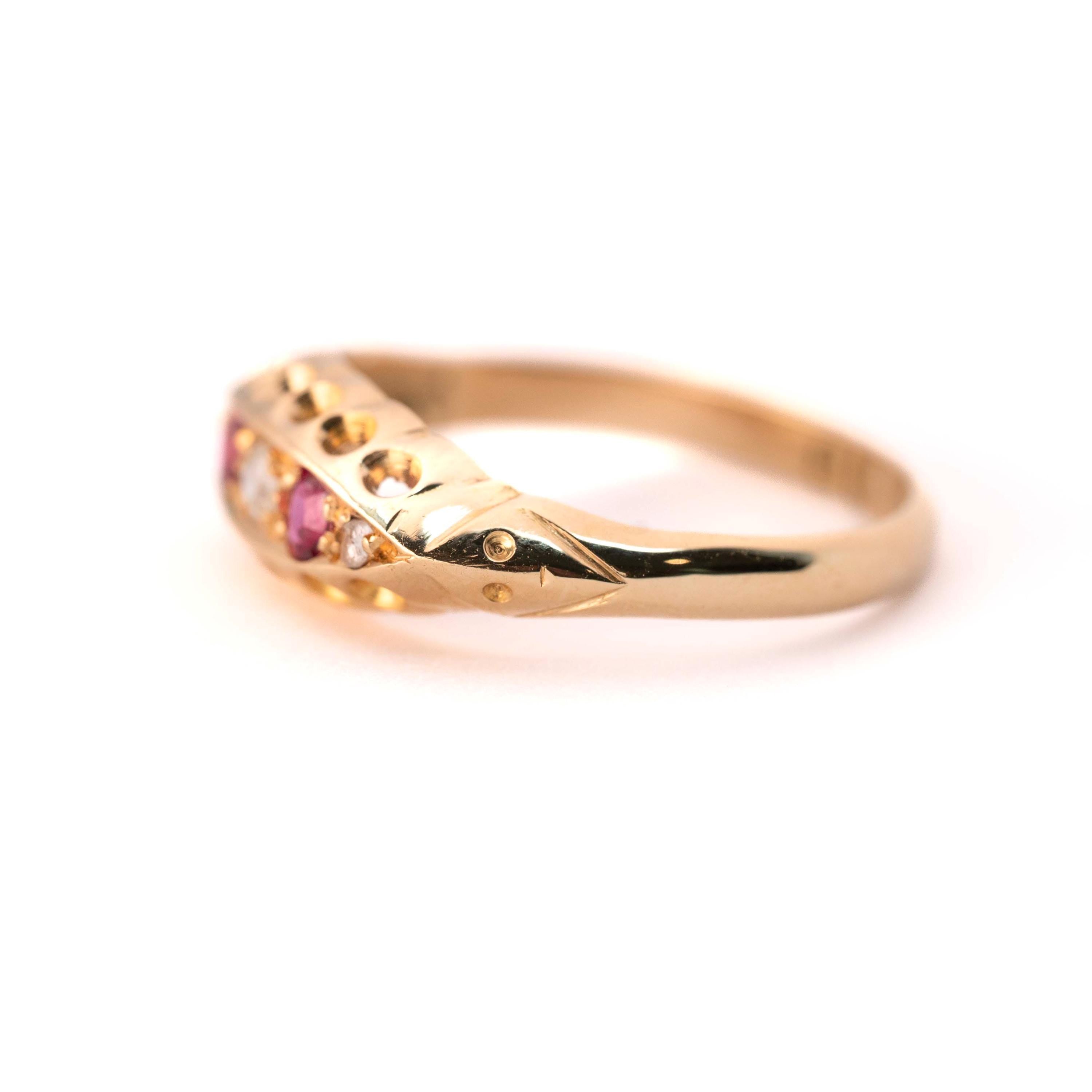 Antique Ruby & Diamond Ring - Edwardian 18k Yellow Gold Natural Red Gemstone Anniversary Band - Hallmarked 1919 Size 6 Fine English Jewelry