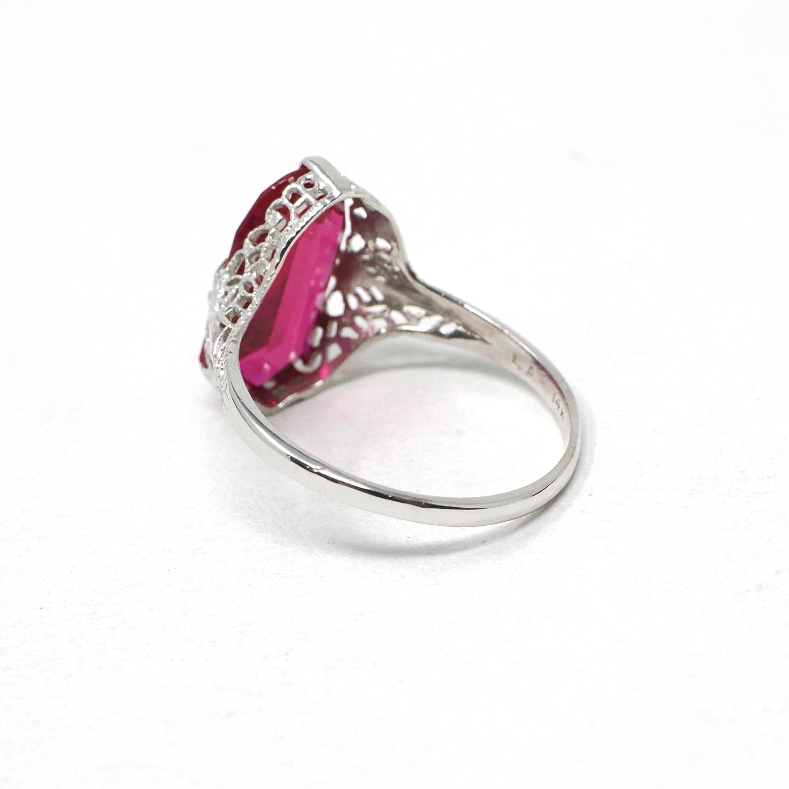 Created Ruby Ring - Art Deco 14k White Gold Fancy Cut Red Stone - Vintage Circa 1930s Era Size 8 1/4 July Birthstone Fine Filigree Jewelry