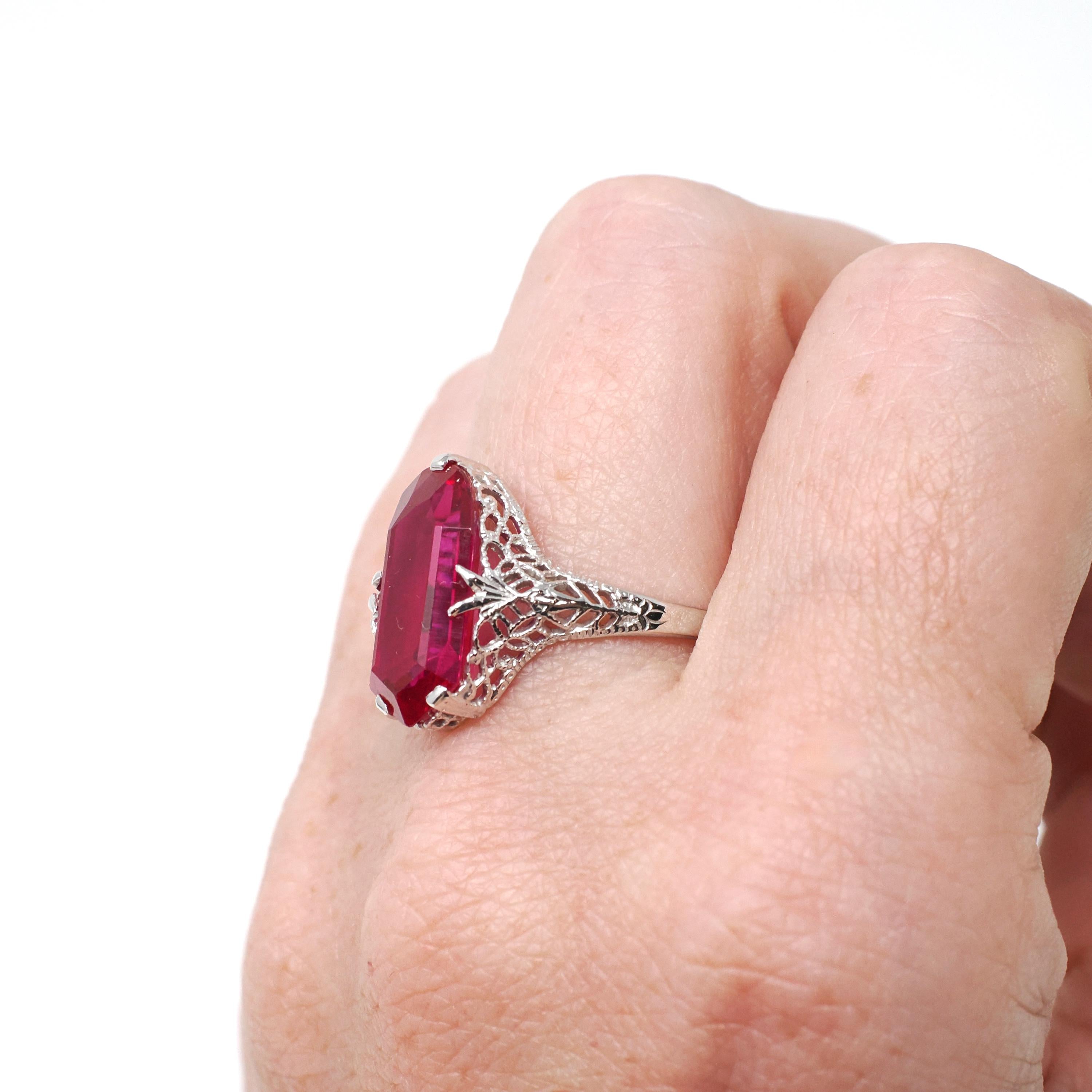 Created Ruby Ring - Art Deco 14k White Gold Fancy Cut Red Stone - Vintage Circa 1930s Era Size 8 1/4 July Birthstone Fine Filigree Jewelry
