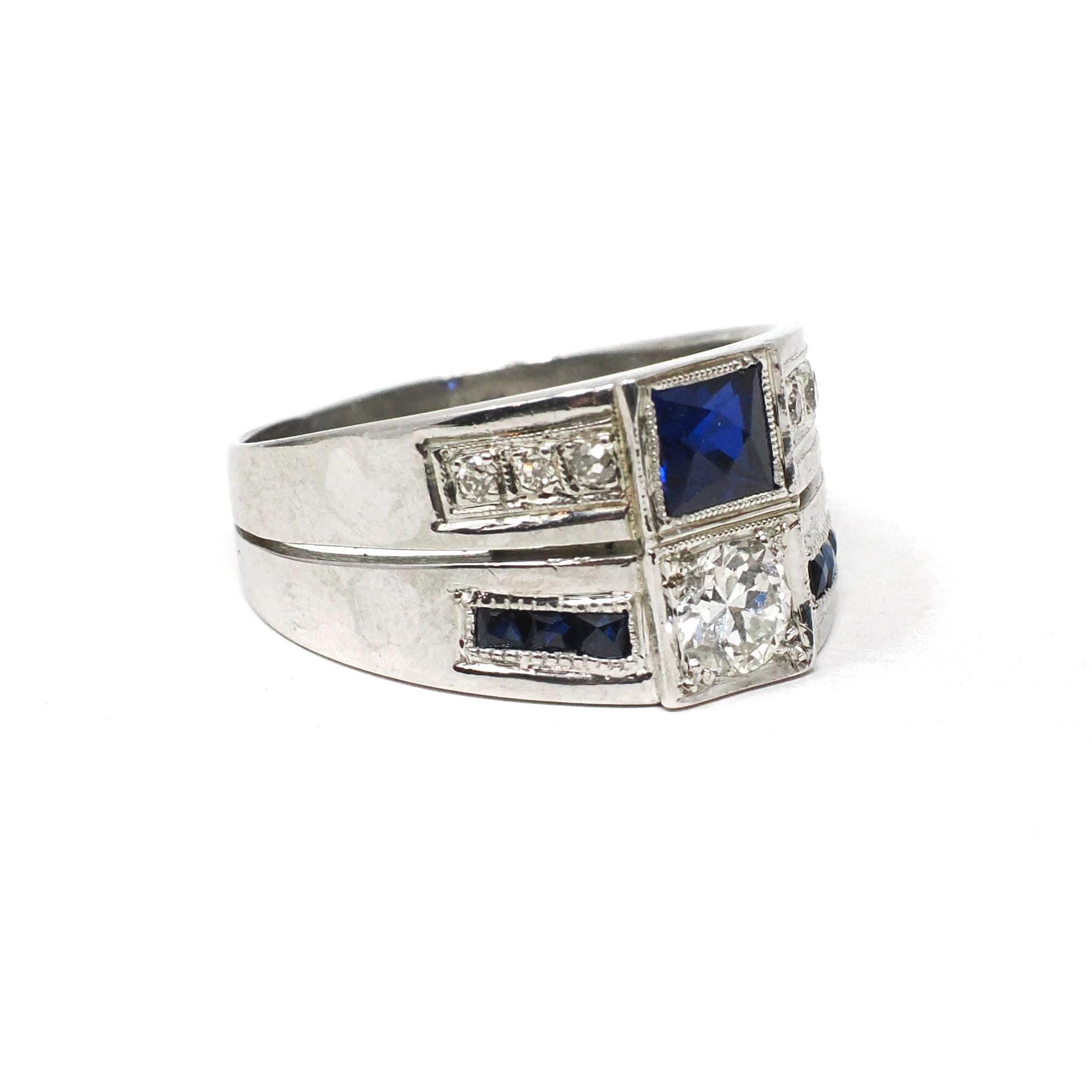 Mid Century Ring - Vintage 18k White Gold Diamond & Created Sapphire Toi Et Moi Style - Circa 1950s Size 8 3/4 Unisex Fine Statement Jewelry