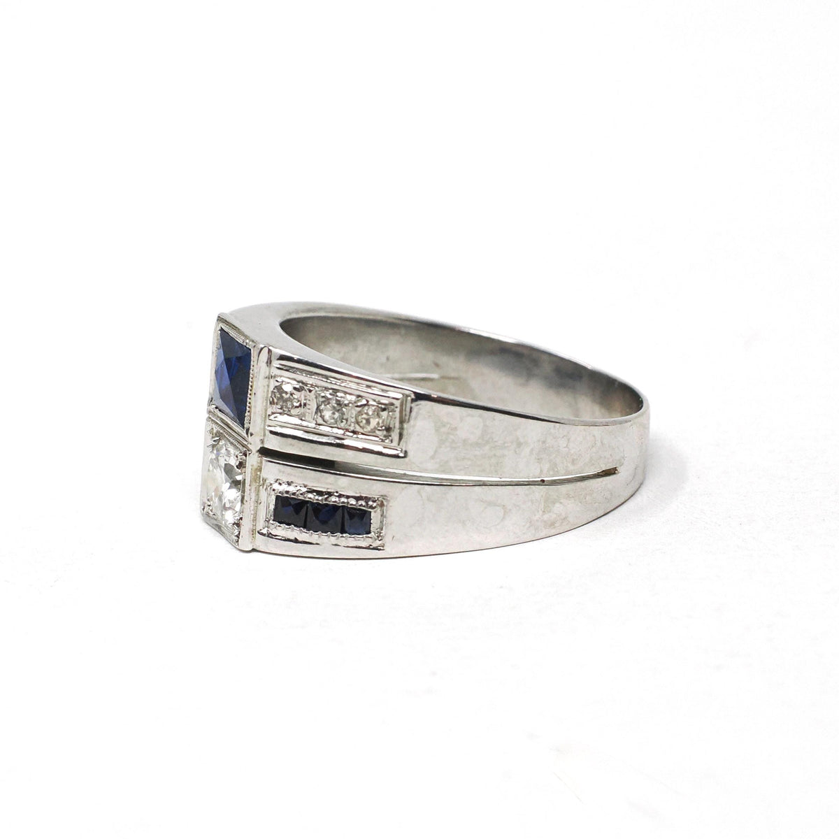 Mid Century Ring - Vintage 18k White Gold Diamond & Created Sapphire Toi Et Moi Style - Circa 1950s Size 8 3/4 Unisex Fine Statement Jewelry