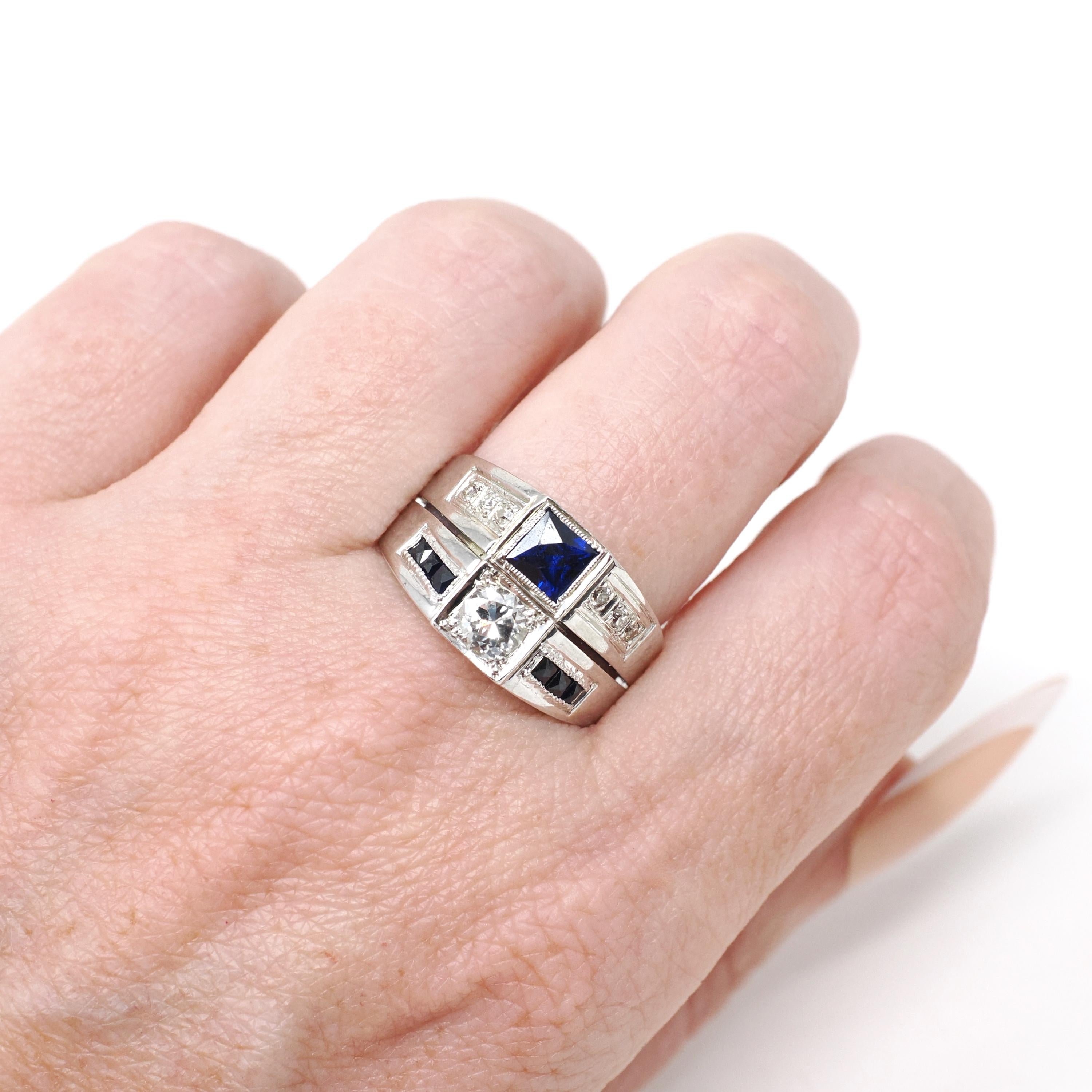 Mid Century Ring - Vintage 18k White Gold Diamond & Created Sapphire Toi Et Moi Style - Circa 1950s Size 8 3/4 Unisex Fine Statement Jewelry