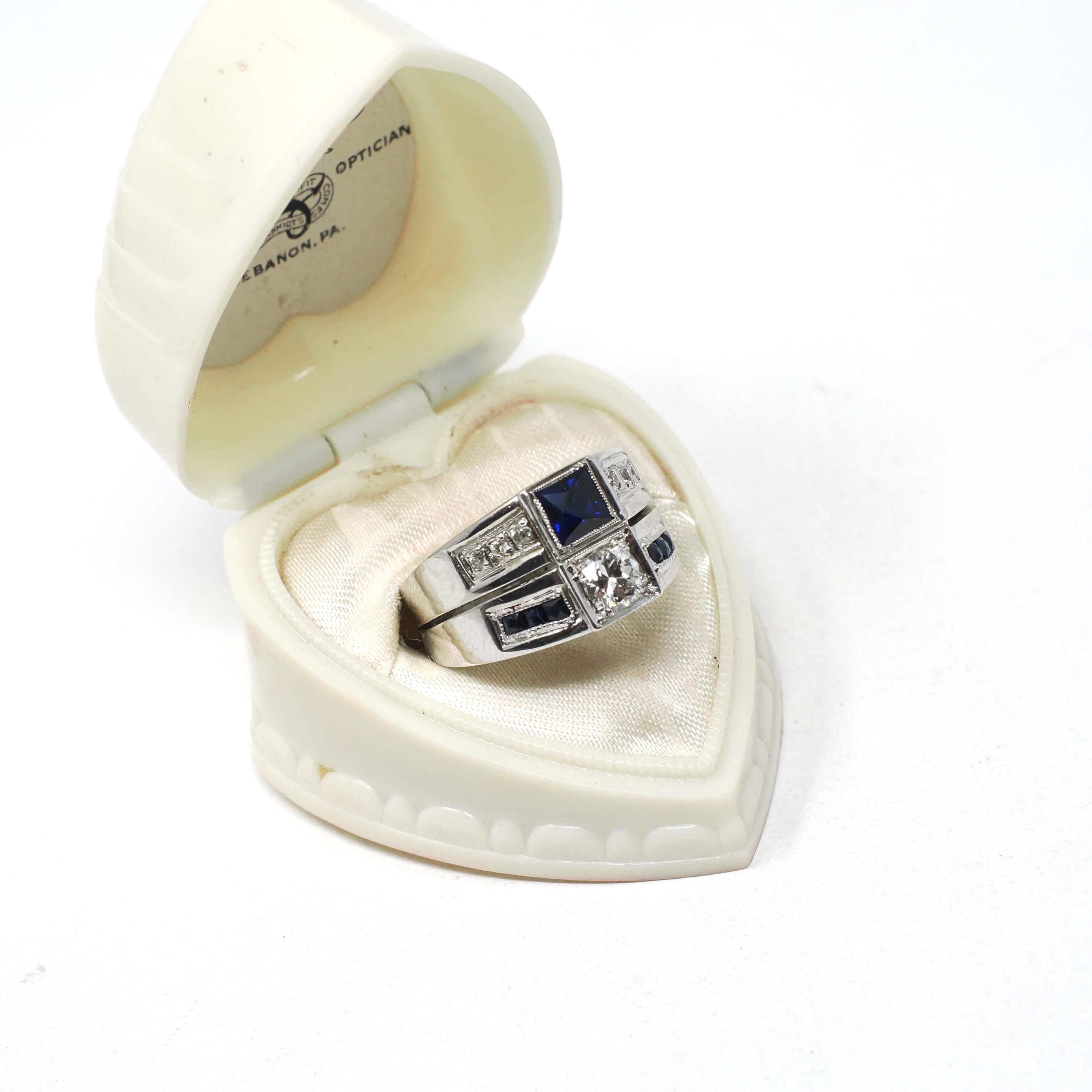 Mid Century Ring - Vintage 18k White Gold Diamond & Created Sapphire Toi Et Moi Style - Circa 1950s Size 8 3/4 Unisex Fine Statement Jewelry