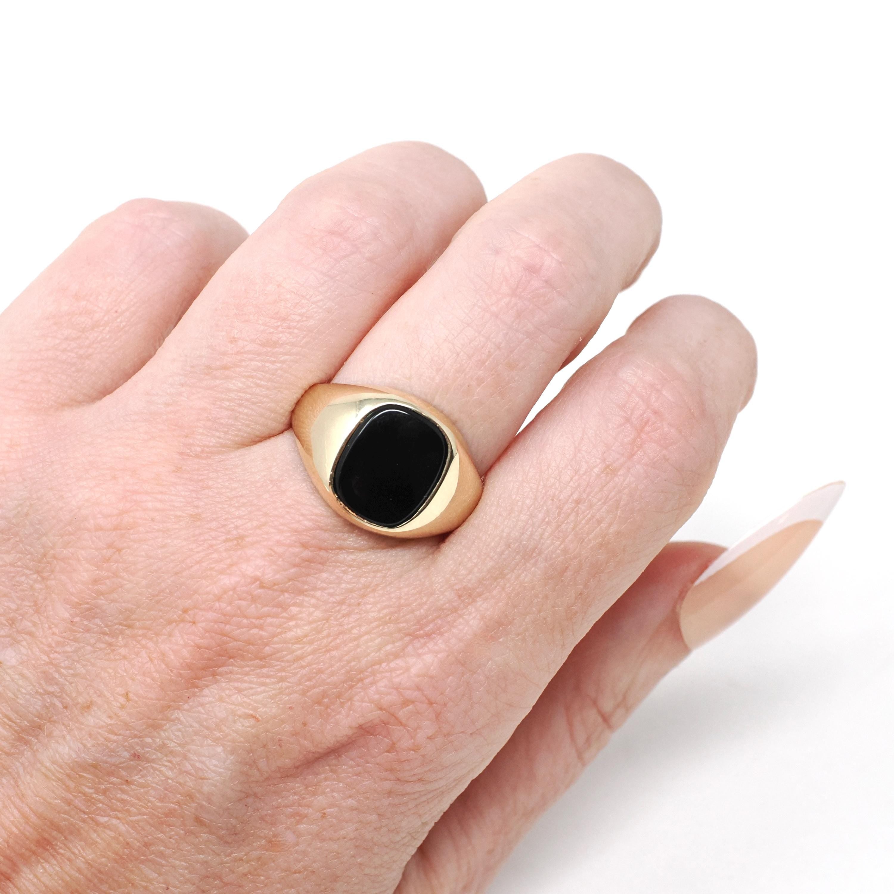 Modern Onyx Ring - Estate 10k Yellow Gold Black Chalcedony Gemstone - Circa 2000's Era Size 9 1/4 Men's Unisex Fine Statement Jewelry