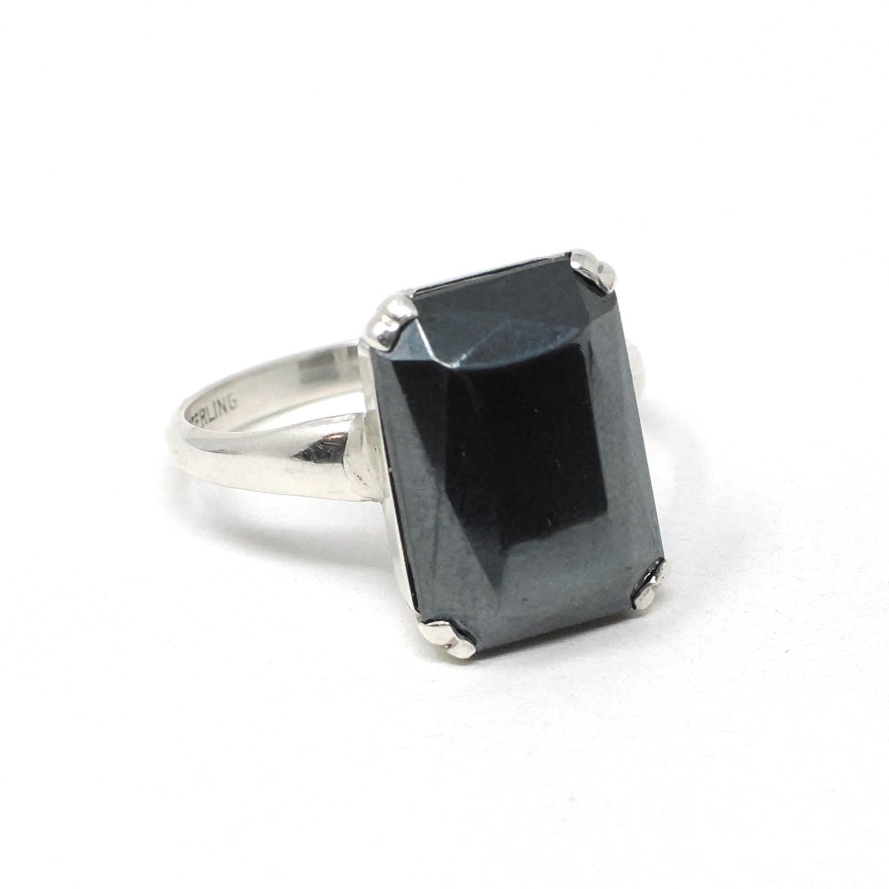 Vintage Hematite Ring - Retro Sterling Silver Emerald Cut Gray Metallic Solitaire - Circa 1970s Size 7 Statement Jewelry Fashion Accessory