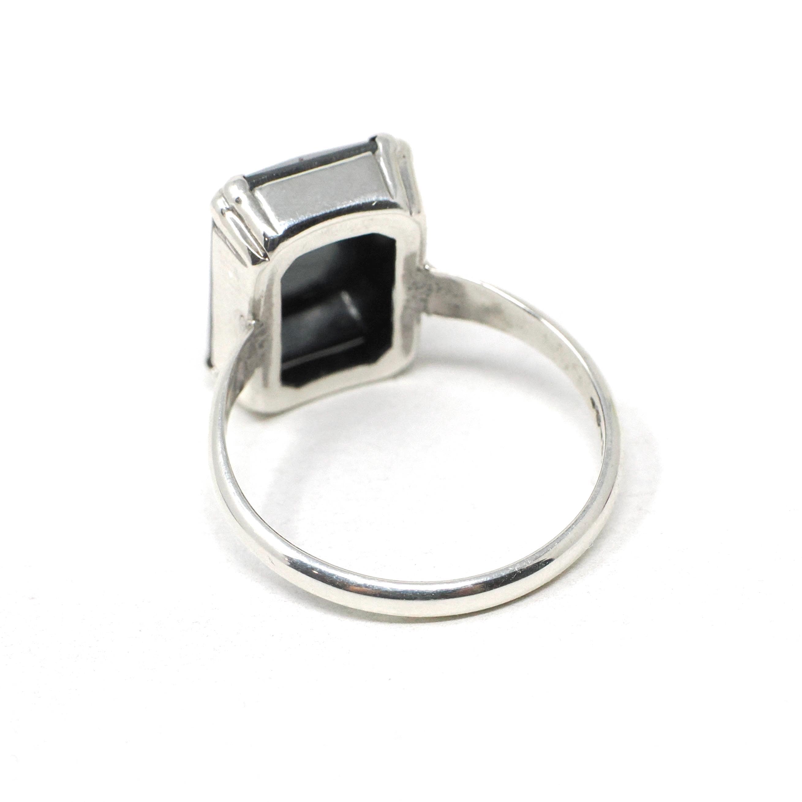 Vintage Hematite Ring - Retro Sterling Silver Emerald Cut Gray Metallic Solitaire - Circa 1970s Size 7 Statement Jewelry Fashion Accessory