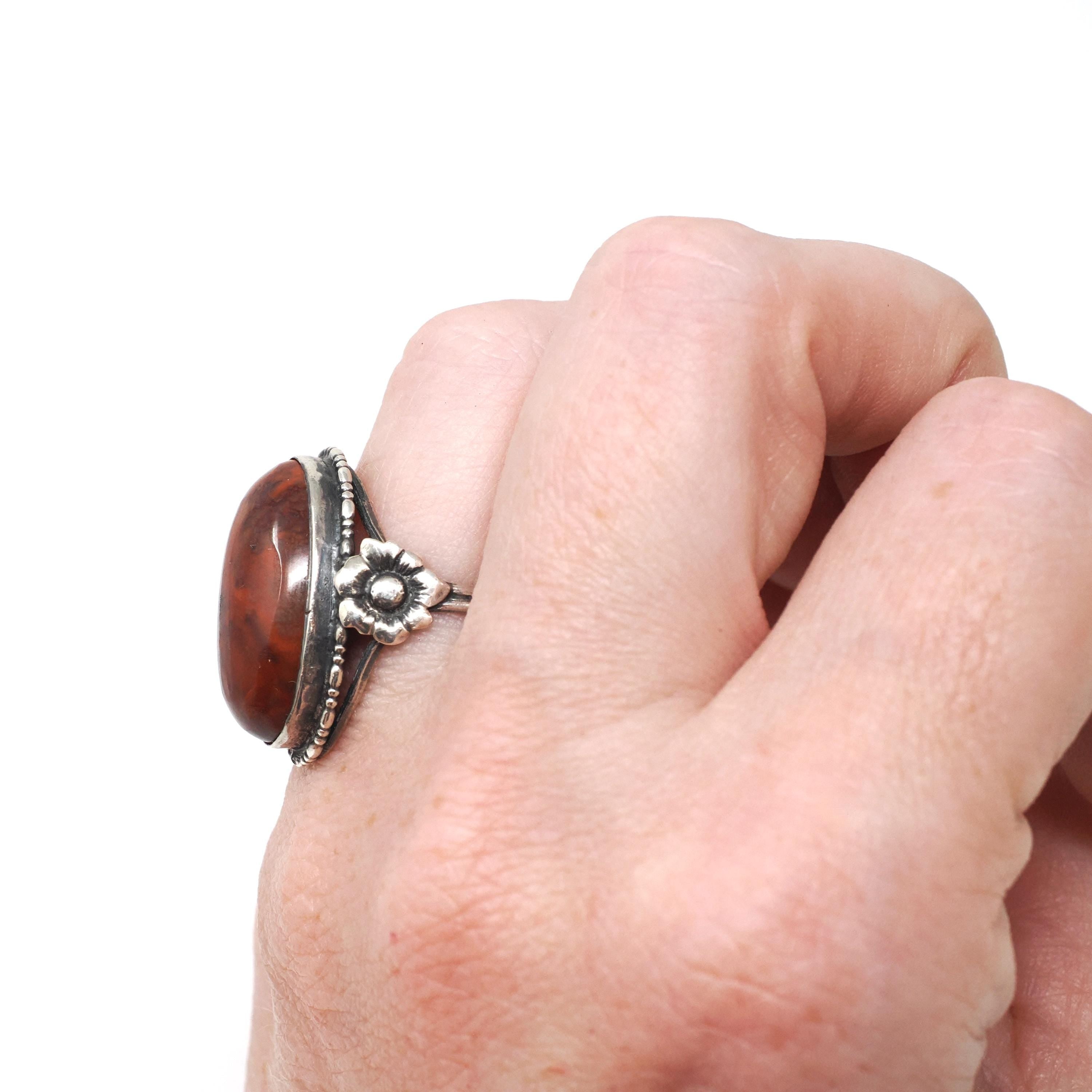 Vintage Jasper Ring - Retro Sterling Silver Cabochon Cut Red Brown Gemstone - Circa 1970s Era Size 5 1/4 Floral Flower Statement 70s Jewelry
