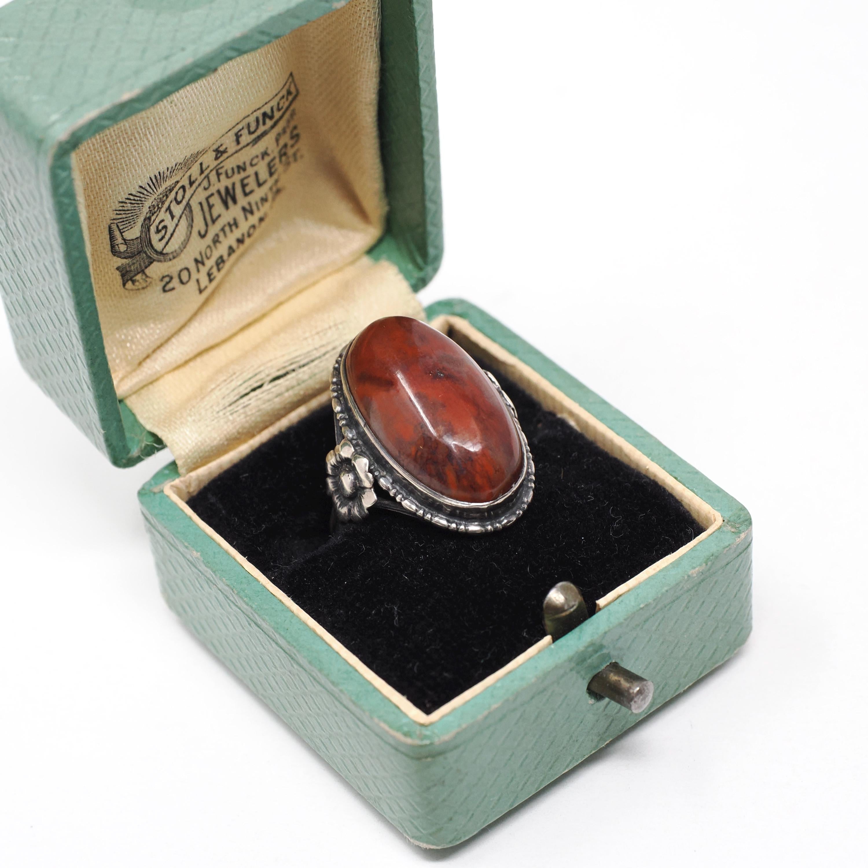 Vintage Jasper Ring - Retro Sterling Silver Cabochon Cut Red Brown Gemstone - Circa 1970s Era Size 5 1/4 Floral Flower Statement 70s Jewelry