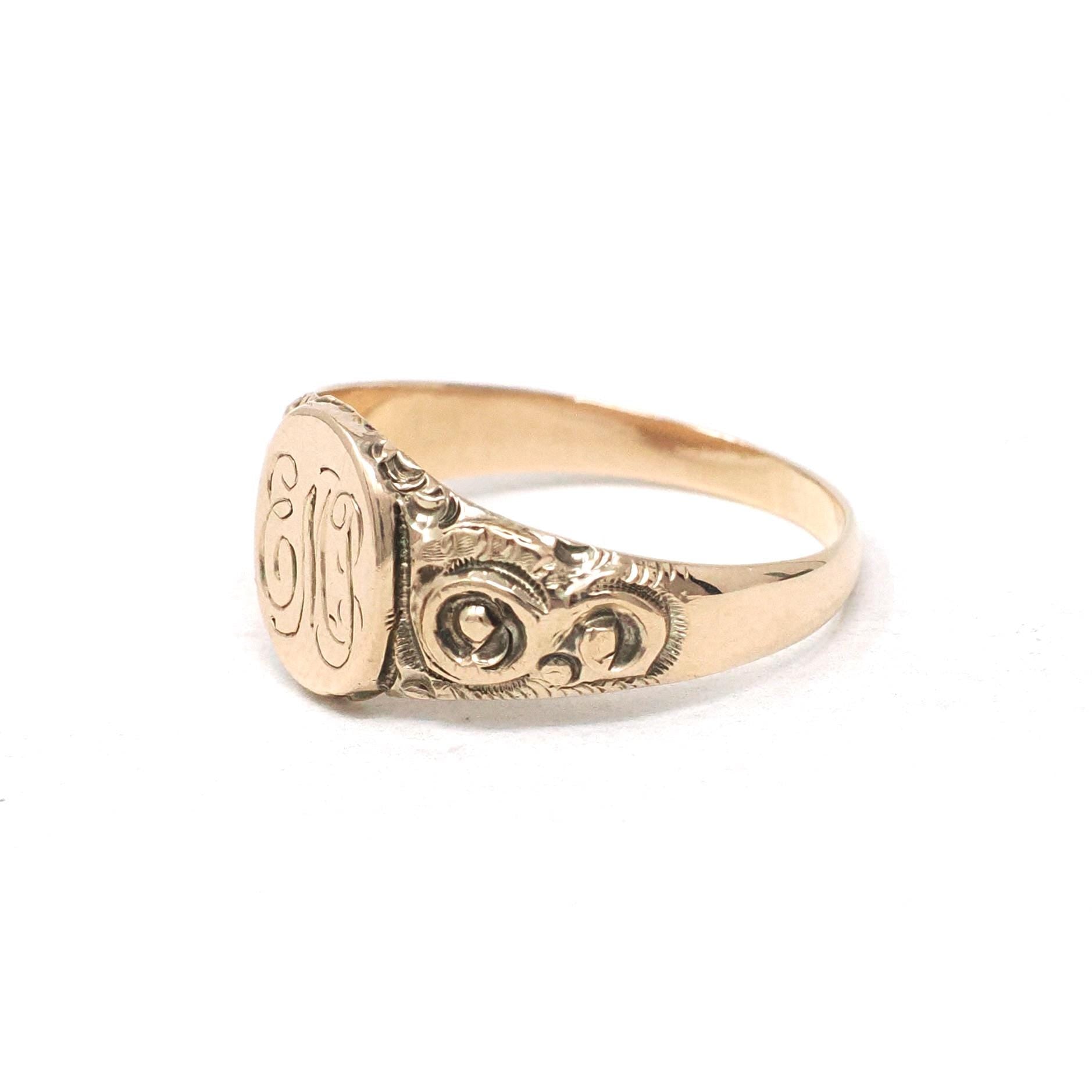 Edwardian Signet Ring - Antique 10k Yellow Gold Oval EMP Engraved Letters Monogram Initials - Vintage 1910s Size 5 3/4 Fine Scroll Jewelry