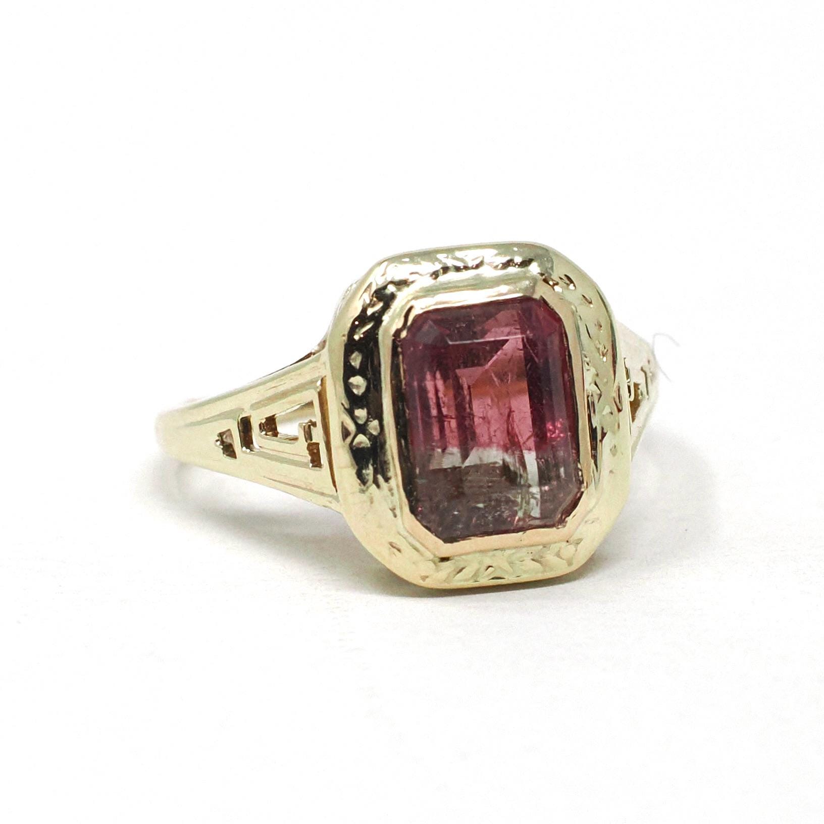 Watermelon Tourmaline Ring - Art Deco 10k Yellow Gold Natural Pink Green BiColor Gem - Circa 1930s Size 4.5 Fine October Birthstone Jewelry
