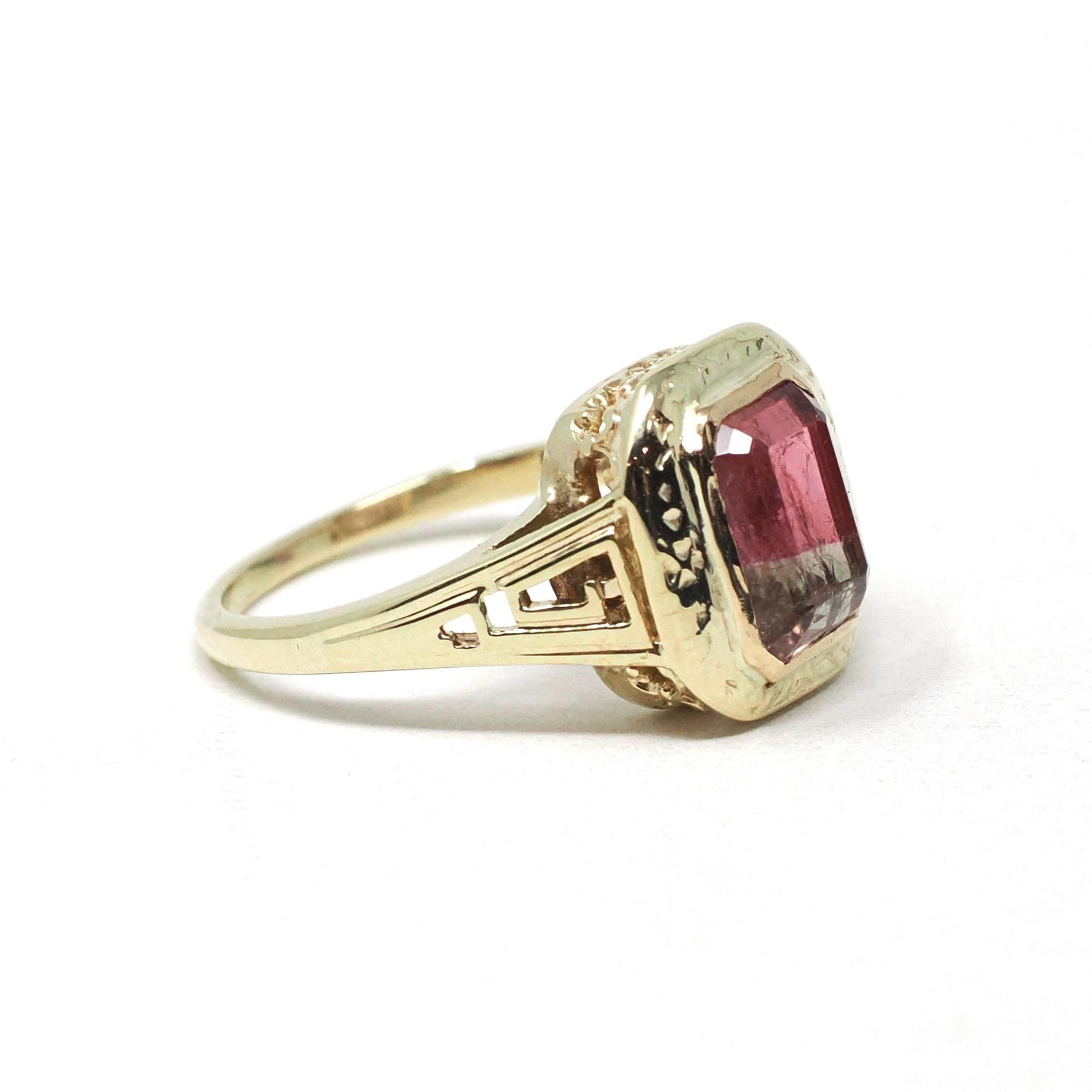 Watermelon Tourmaline Ring - Art Deco 10k Yellow Gold Natural Pink Green BiColor Gem - Circa 1930s Size 4.5 Fine October Birthstone Jewelry