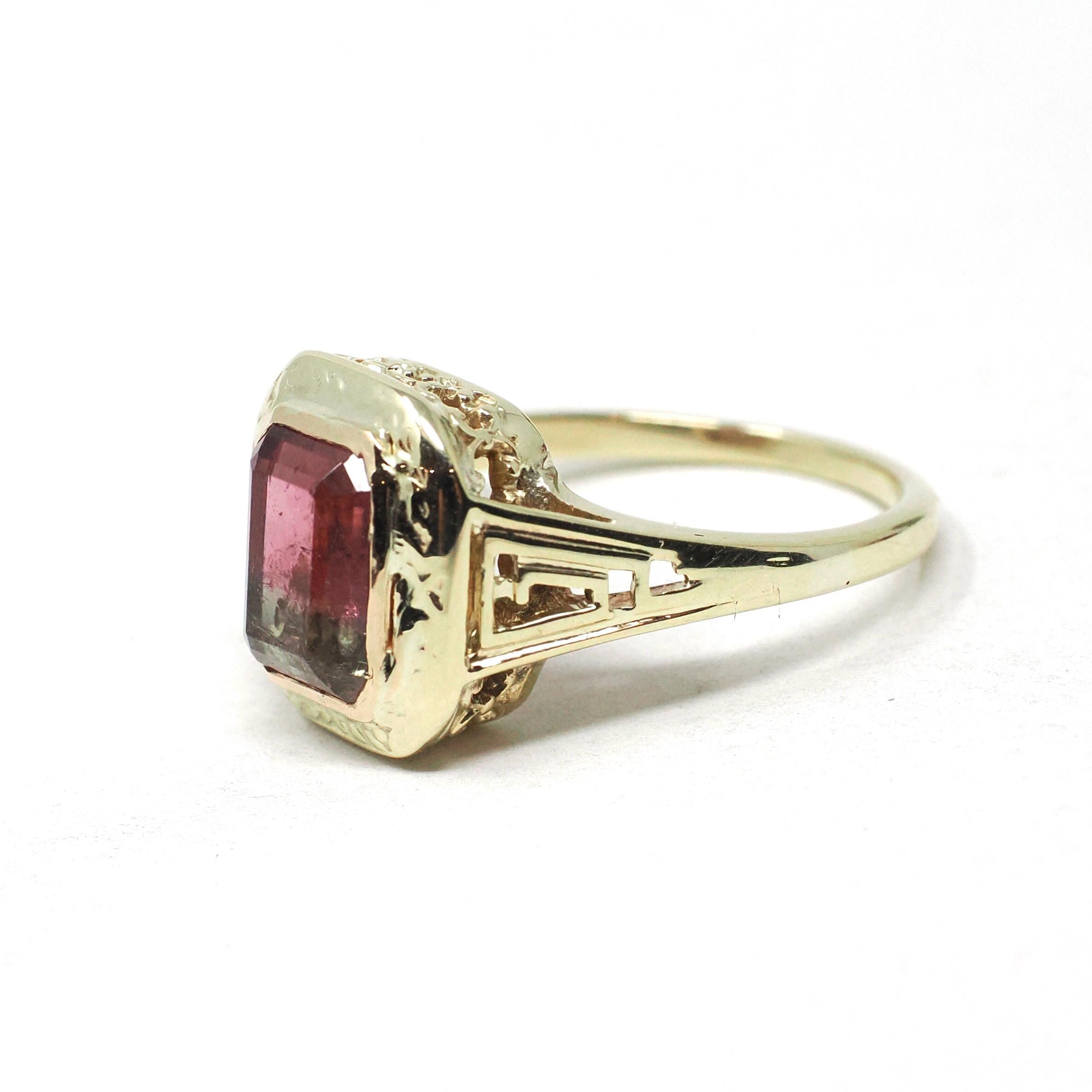 Watermelon Tourmaline Ring - Art Deco 10k Yellow Gold Natural Pink Green BiColor Gem - Circa 1930s Size 4.5 Fine October Birthstone Jewelry