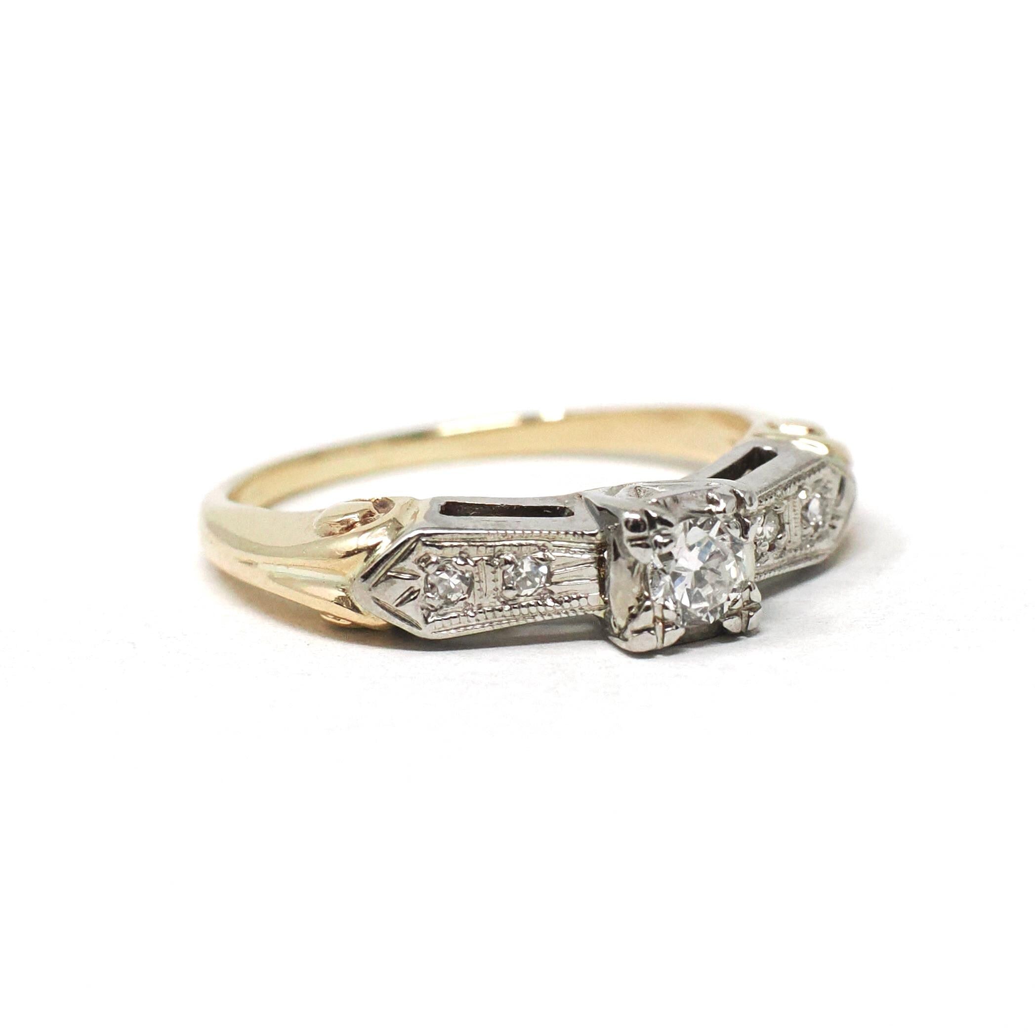 Vintage Diamond Ring - Mid Century 14k Yellow & White Gold Natural Two Tone Engagement - Circa 1950s Size 4 1/4 Reverse Tapered Fine Jewelry