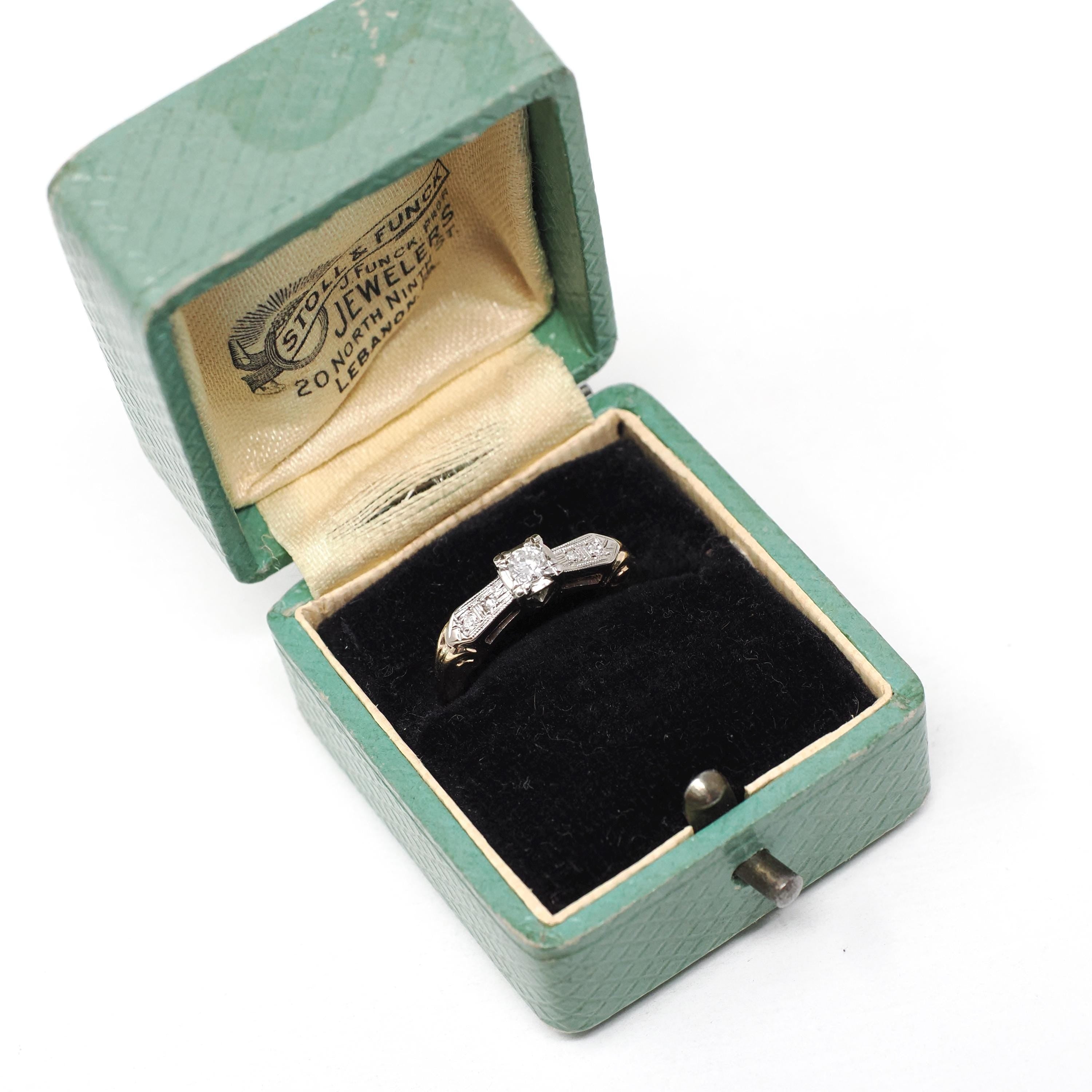 Vintage Diamond Ring - Mid Century 14k Yellow & White Gold Natural Two Tone Engagement - Circa 1950s Size 4 1/4 Reverse Tapered Fine Jewelry