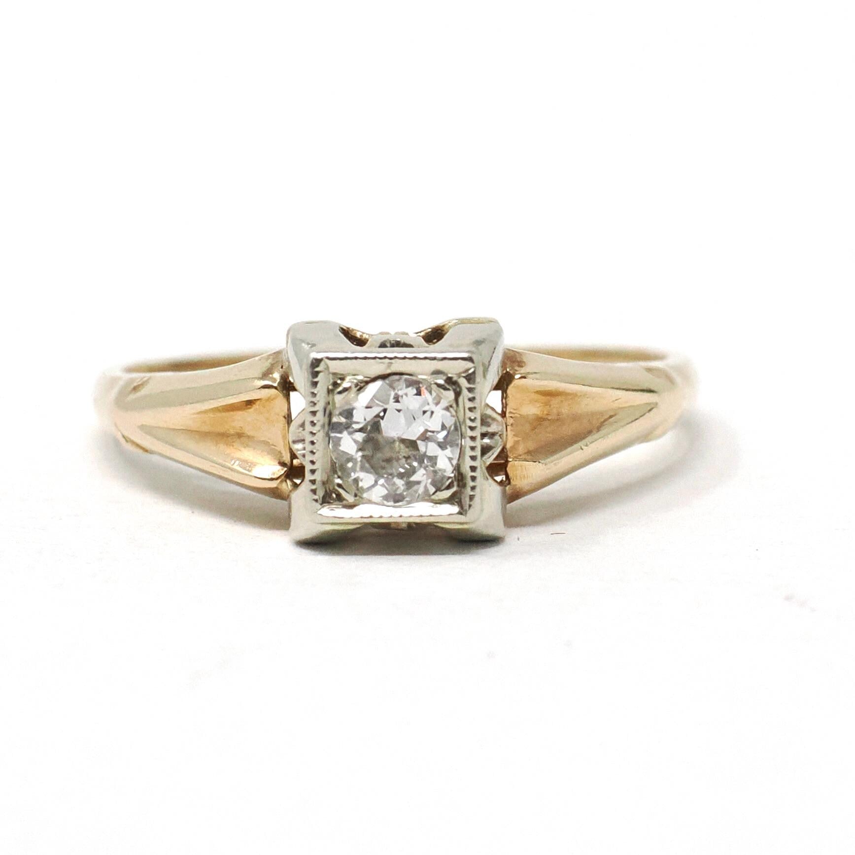 Mid Century Diamond Ring - Vintage 14k Yellow & White Gold Two Tone .20 CT Solitaire - Circa 1940s Era Size 6 1/2 Fine Engagement Jewelry