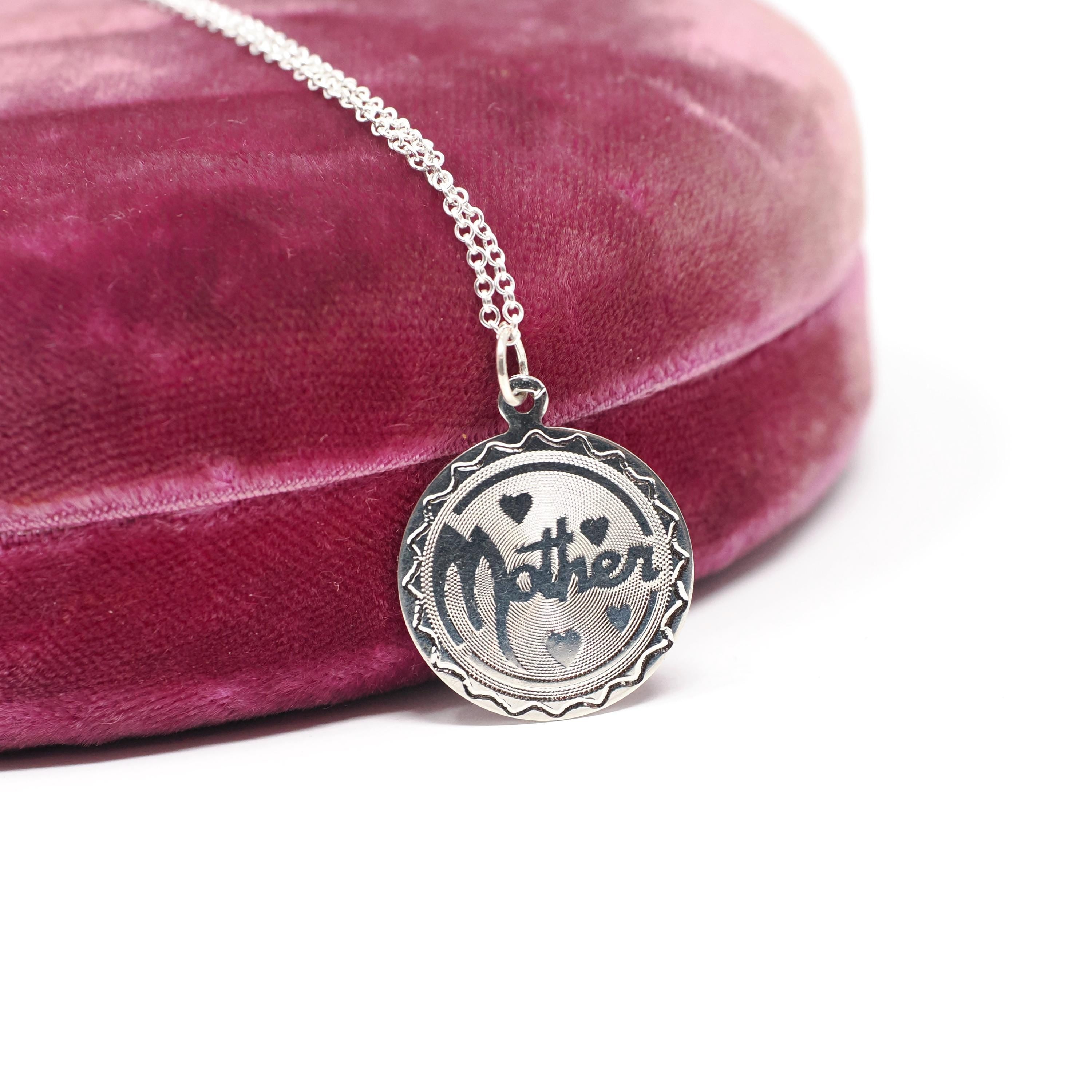 Vintage Mother Necklace - Retro Sterling Silver Round Hearts Charm Pendant - Circa 1970s Era Mom Love Token Mothers Day Gift 70s Jewelry