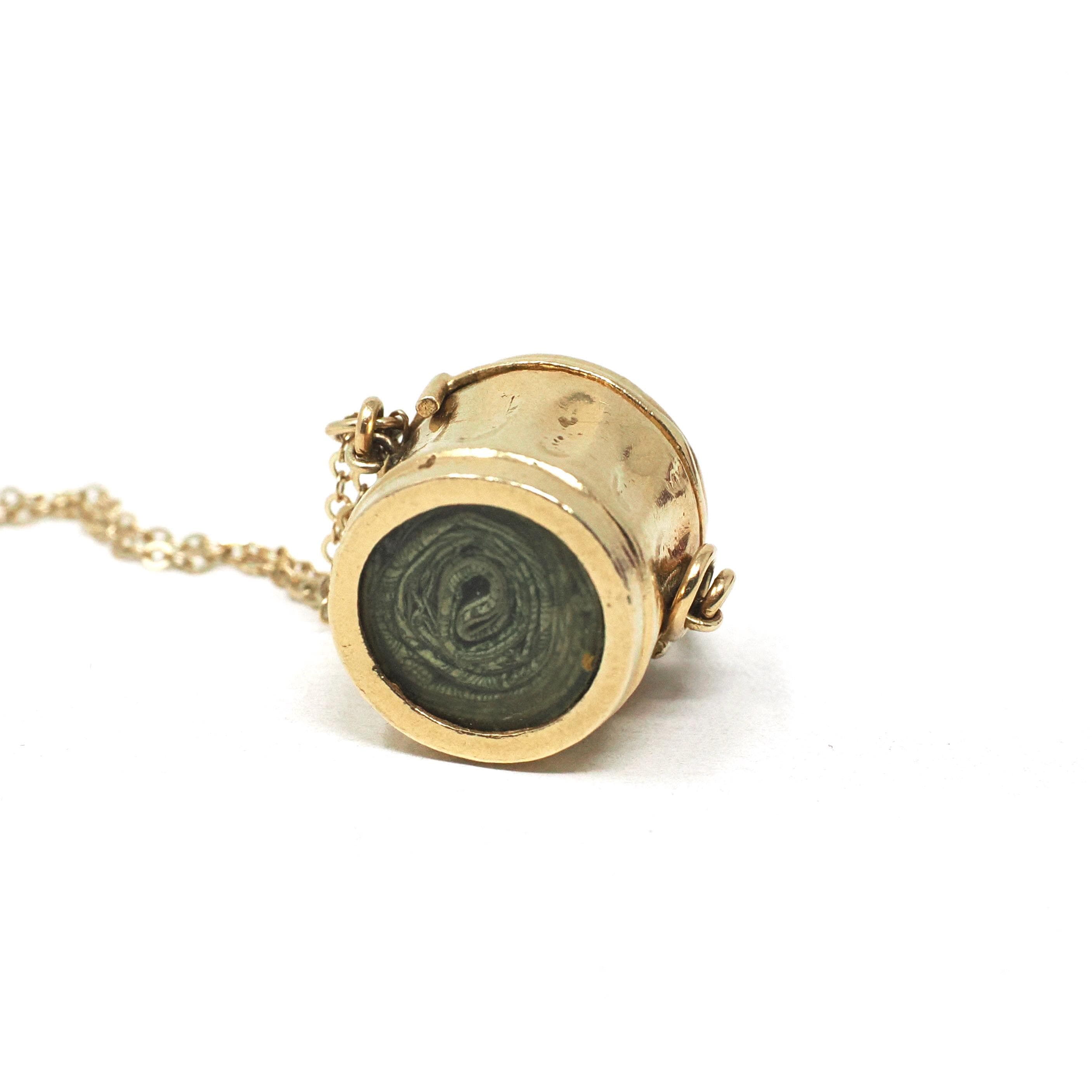 Mad Money Trash Can Charm - Mid Century 14k Yellow Gold Pendant Garbage Necklace - Vintage Circa 1950s Era Real Dollar Bill Fine Jewelry