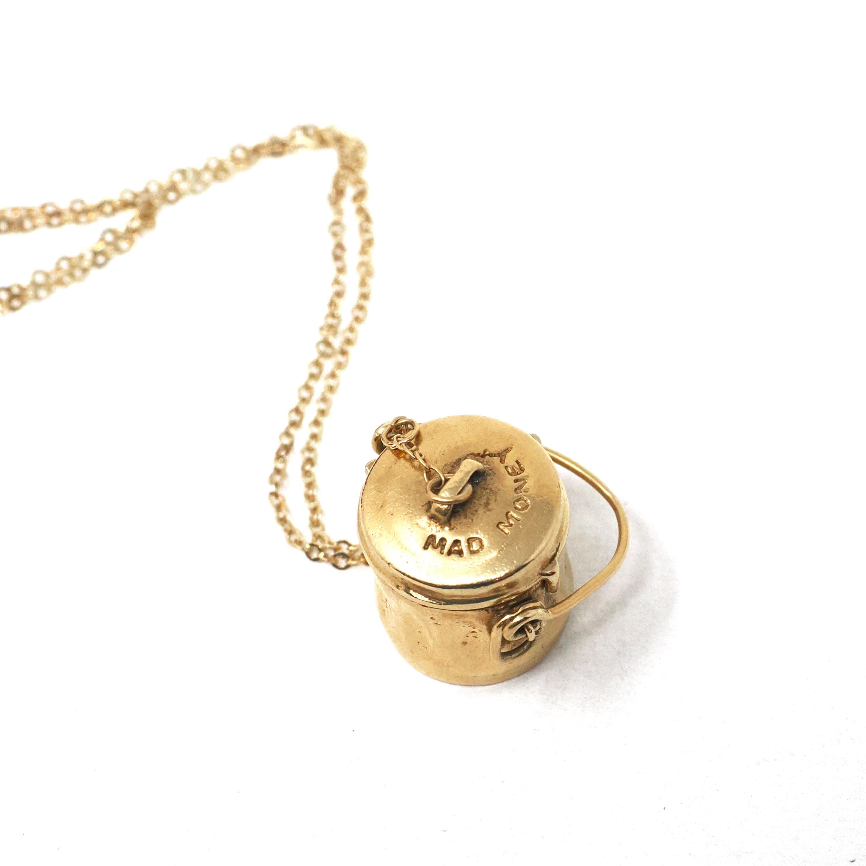 Mad Money Trash Can Charm - Mid Century 14k Yellow Gold Pendant Garbage Necklace - Vintage Circa 1950s Era Real Dollar Bill Fine Jewelry