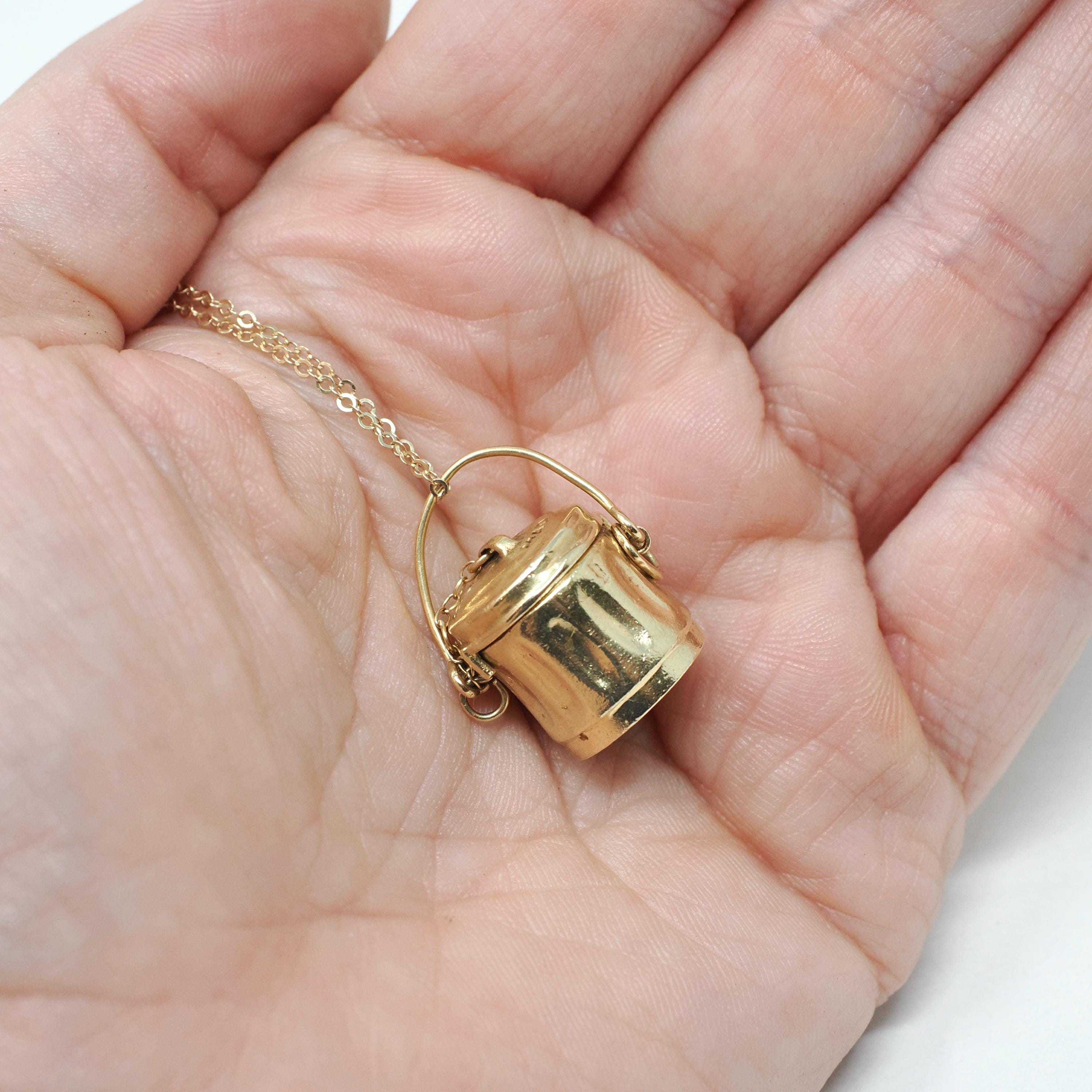 Mad Money Trash Can Charm - Mid Century 14k Yellow Gold Pendant Garbage Necklace - Vintage Circa 1950s Era Real Dollar Bill Fine Jewelry