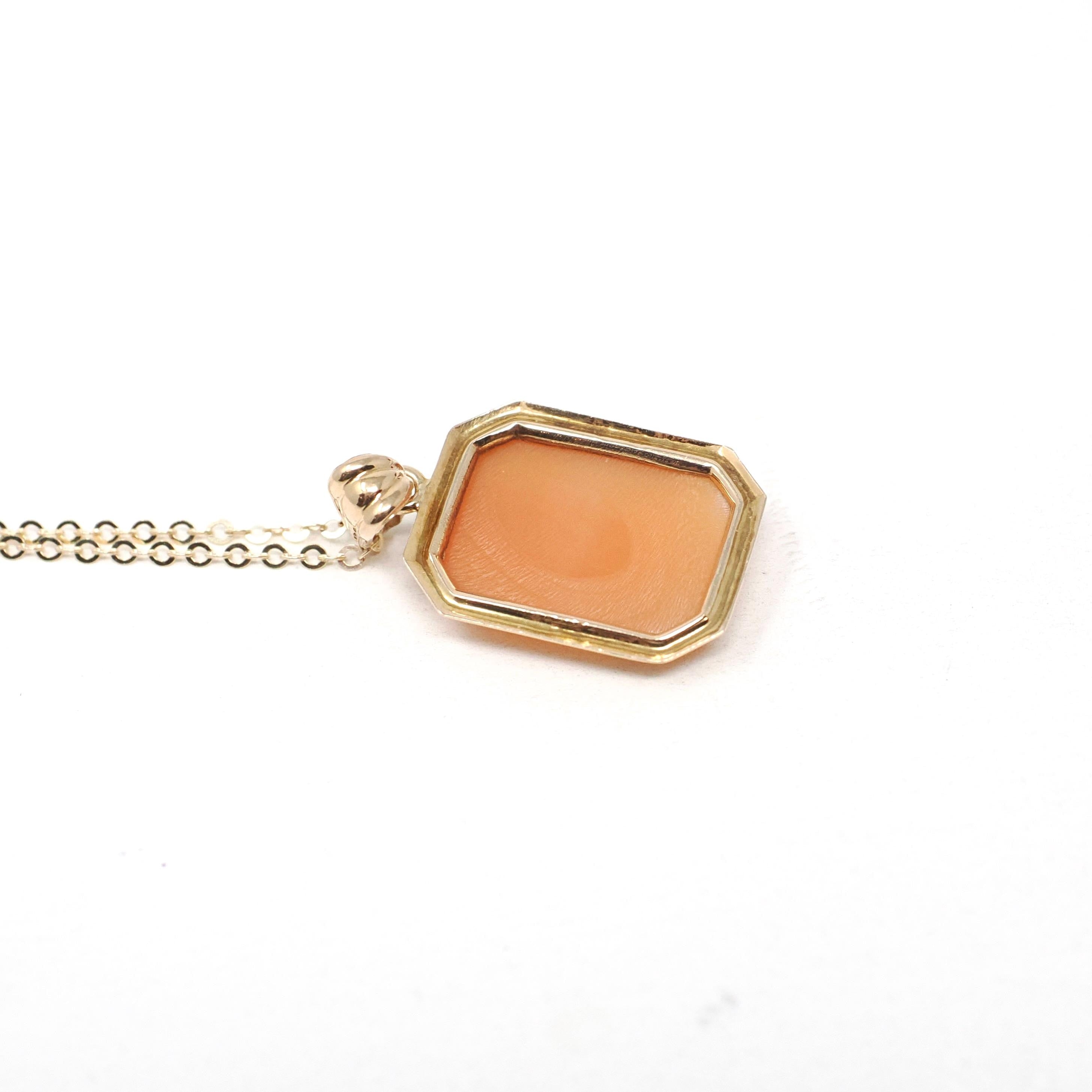 Vintage Cameo Necklace - Mid Century 10k Yellow Gold Rectangular Carved Shell Woman's Profile Pendant - Circa 1940s Statement Fine Jewelry