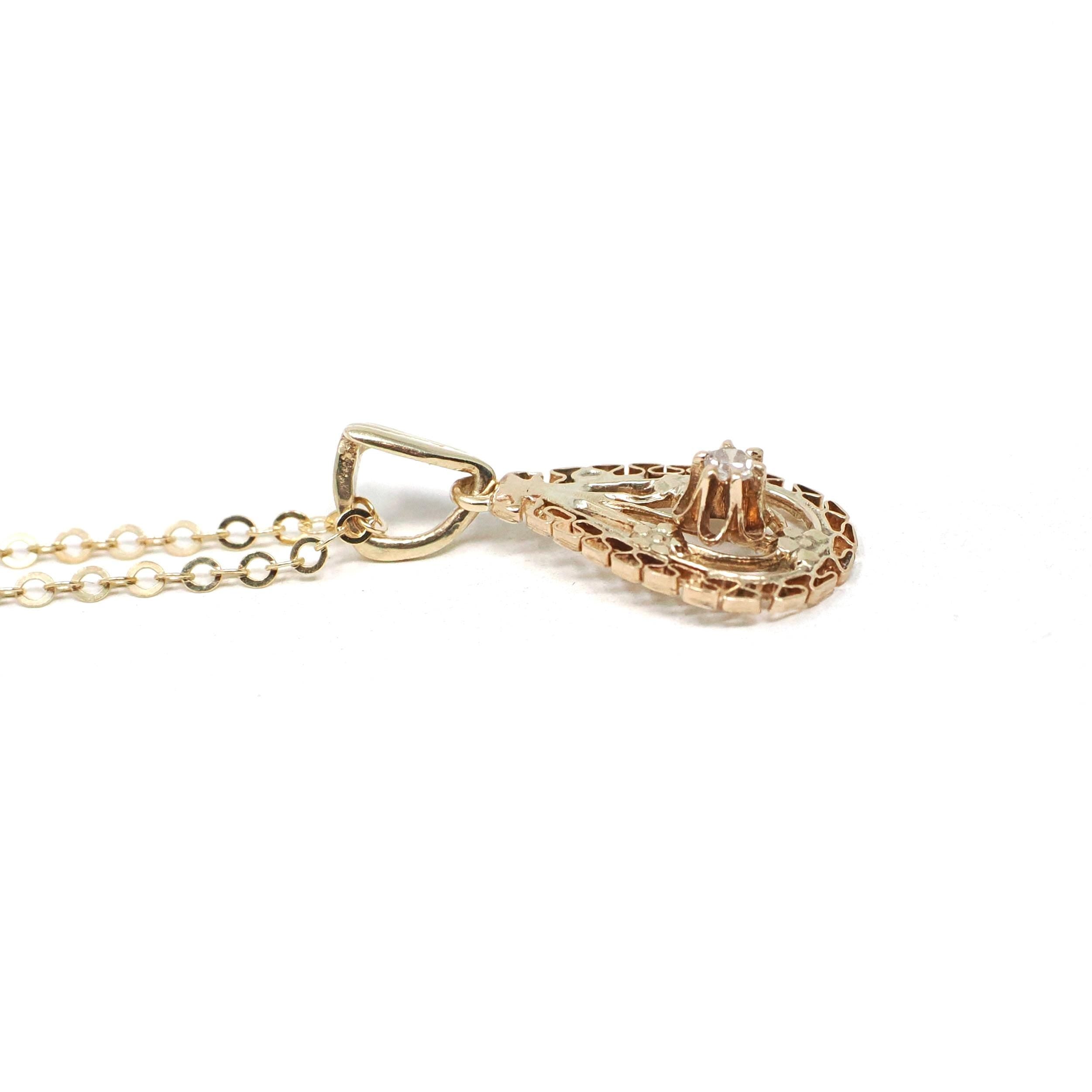 Antique Diamond Lavalier - Edwardian 10k 14k Yellow Gold Natural Gemstone Pendant Necklace - Circa 1910s Teardrop Pear Filigree Fine Jewelry