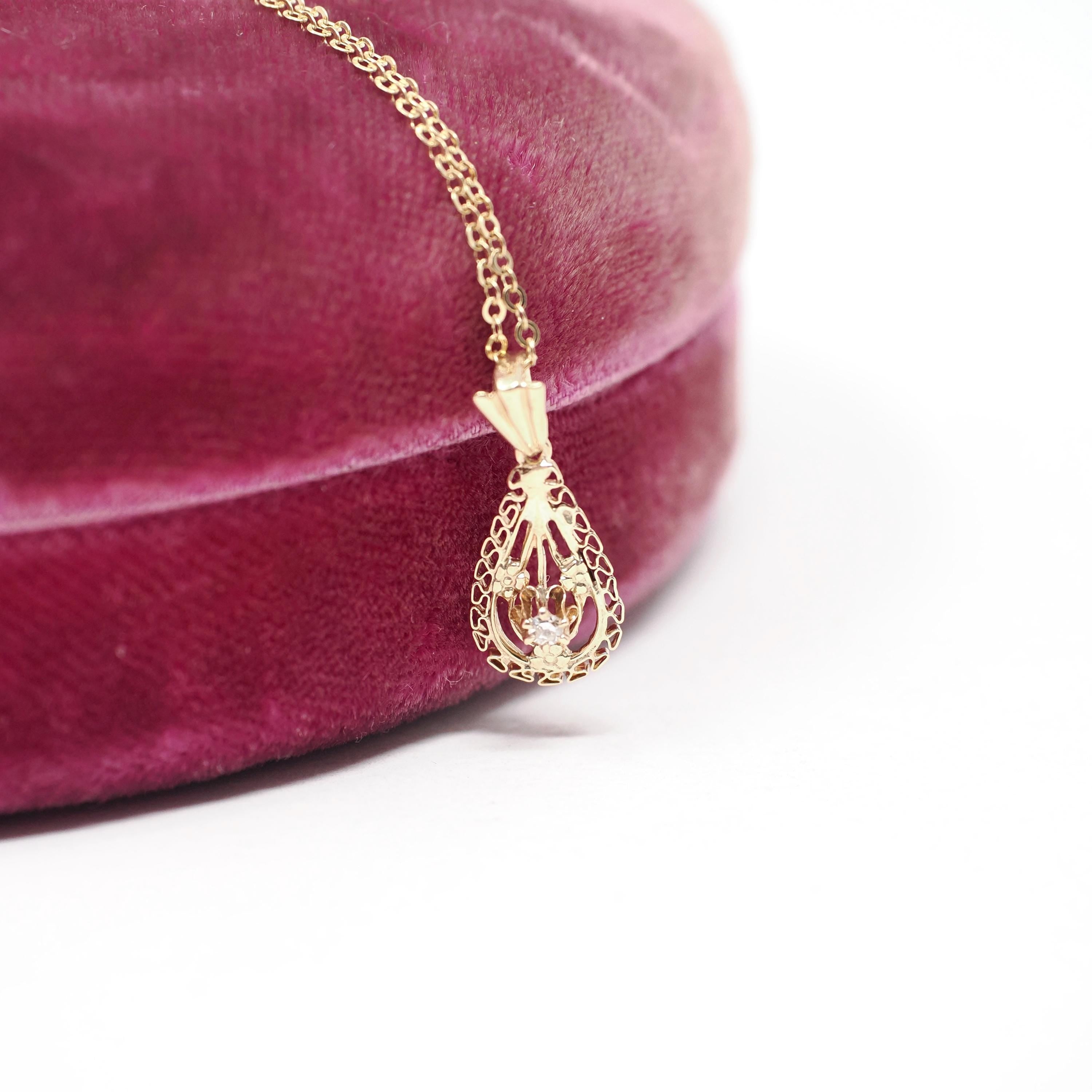 Antique Diamond Lavalier - Edwardian 10k 14k Yellow Gold Natural Gemstone Pendant Necklace - Circa 1910s Teardrop Pear Filigree Fine Jewelry