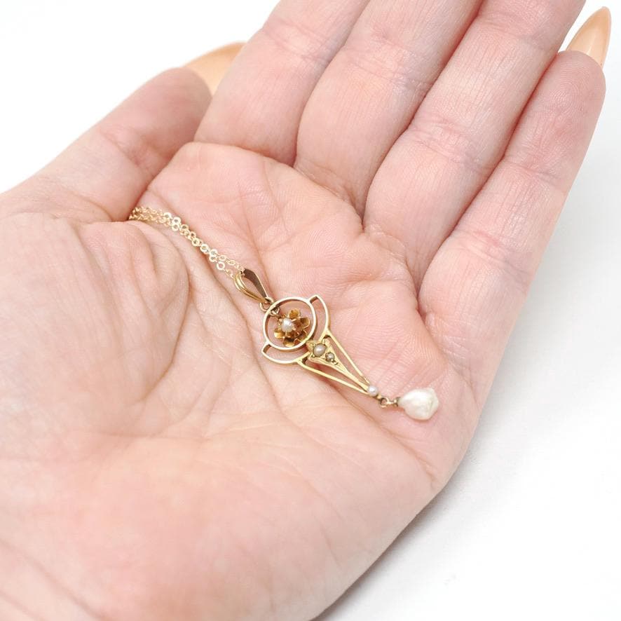 Antique Pearl Lavalier - Edwardian 10k Yellow Gold Natural Gemstone Baroque Seed Pearl Pendant Necklace - Circa 1910s Era Charm Fine Jewelry