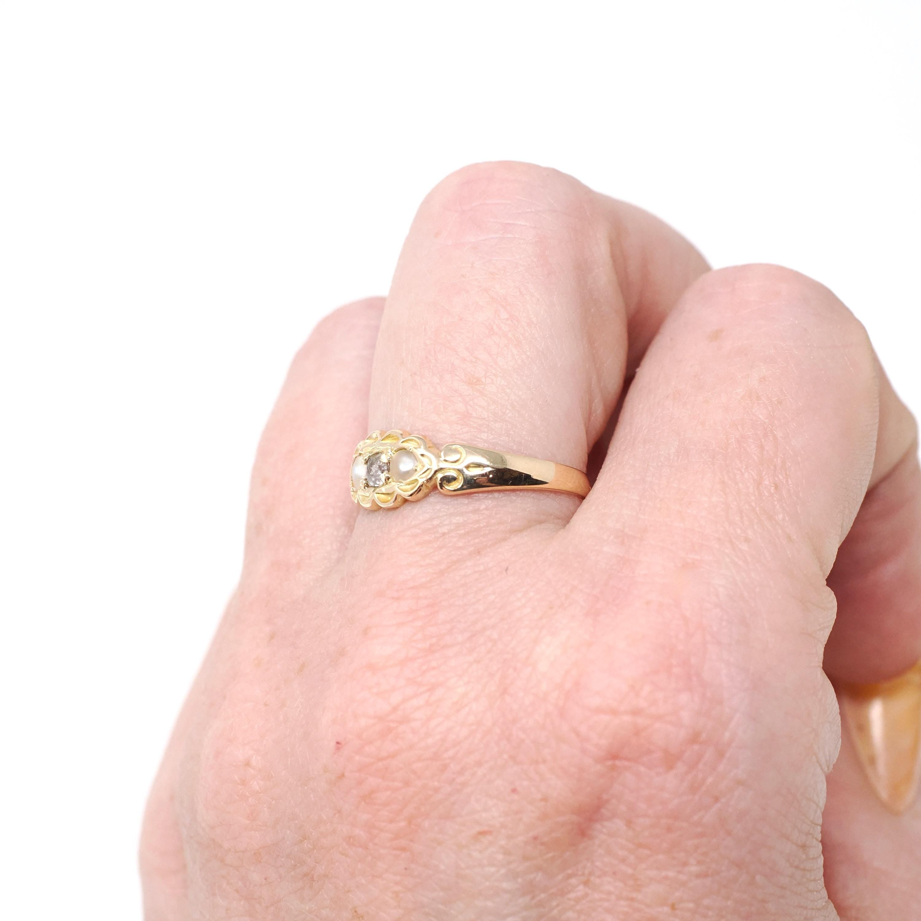 Diamond & Pearl Ring - Art Deco 15k Yellow Gold .09 CT Old Mine Cut - Hallmarked 1935 Birmingham England Size 6 3/4 Fine Statement Jewelry