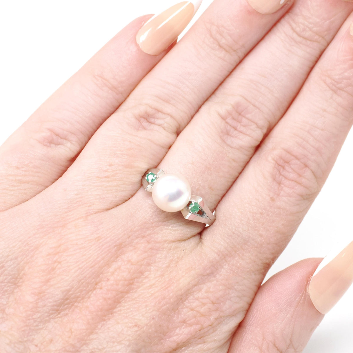Pearl & Emerald Ring - Estate 14k White Gold Cultured Organic Gemstone Natural Green Accents - Modern Era Size 5 3/4 Fine Statement Jewelry