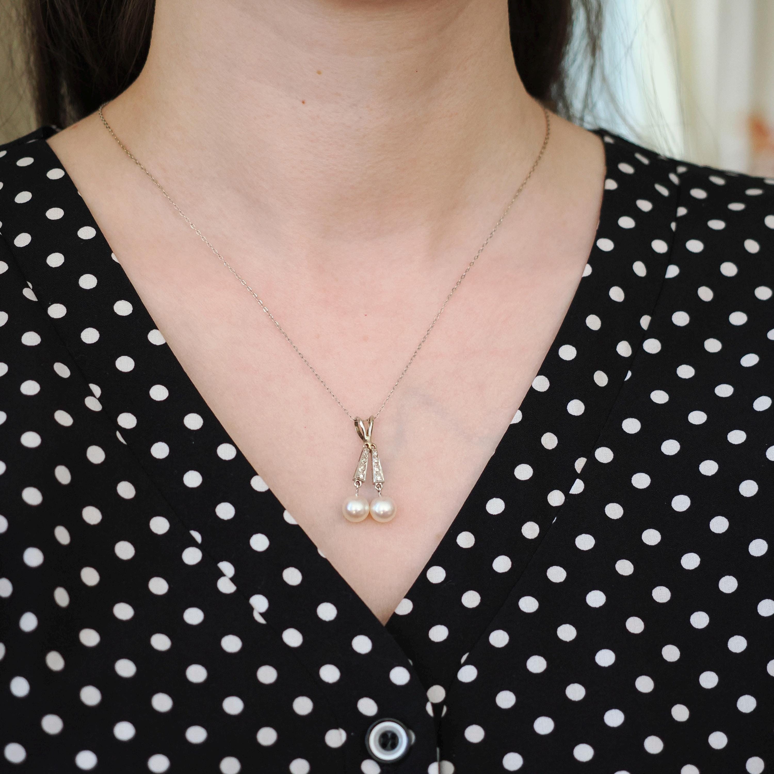 Mid Century Necklace - Vintage 10k White Gold Cultured Pearl & .22 CTW Diamond Pendant - Circa 1950s Era Two Stone Fringe Fine Jewelry