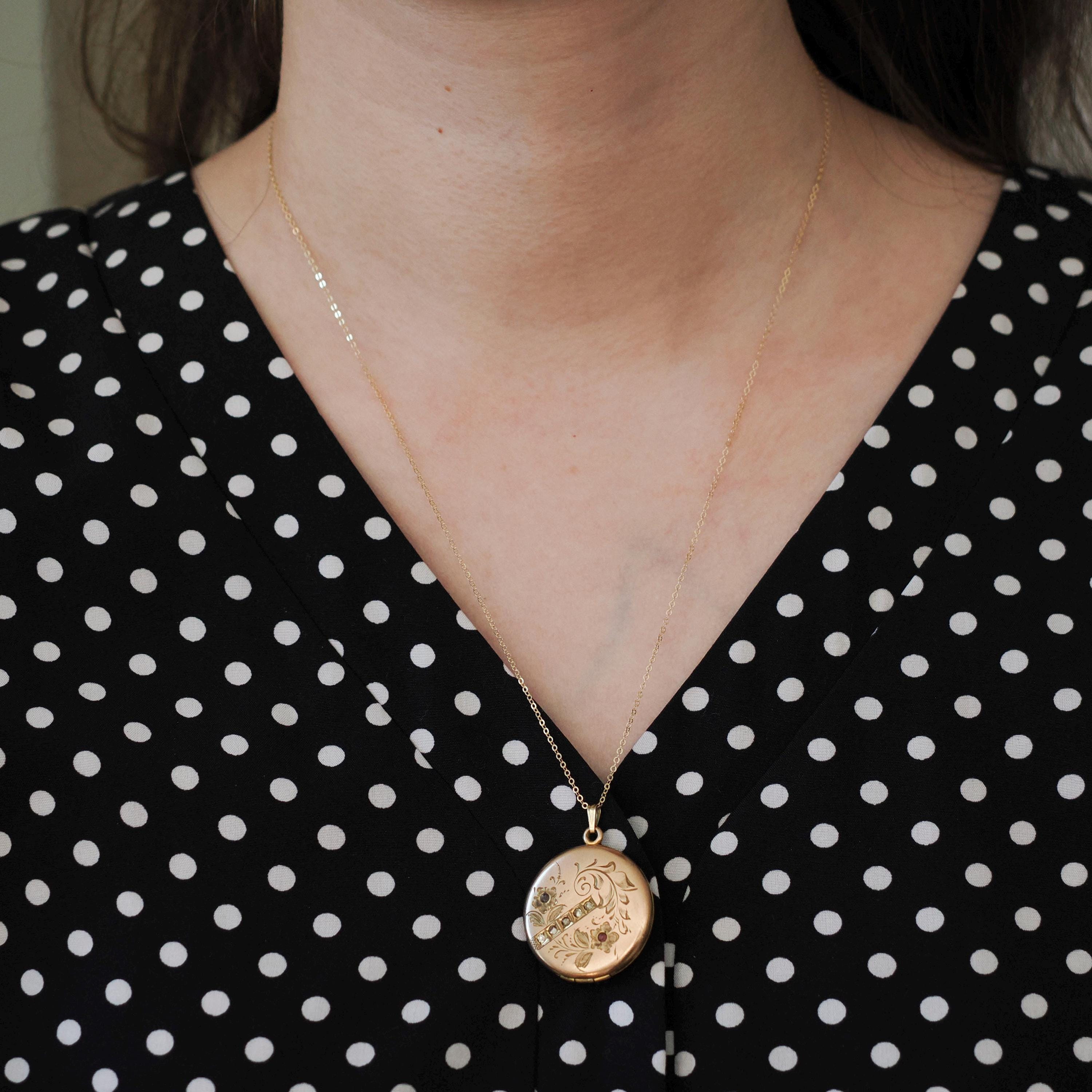 Antique Flower Locket - Edwardian Gold Filled Rhinestones Pendant Necklace - Circa 1900s Era Round Engraved Photograph Statement Jewelry