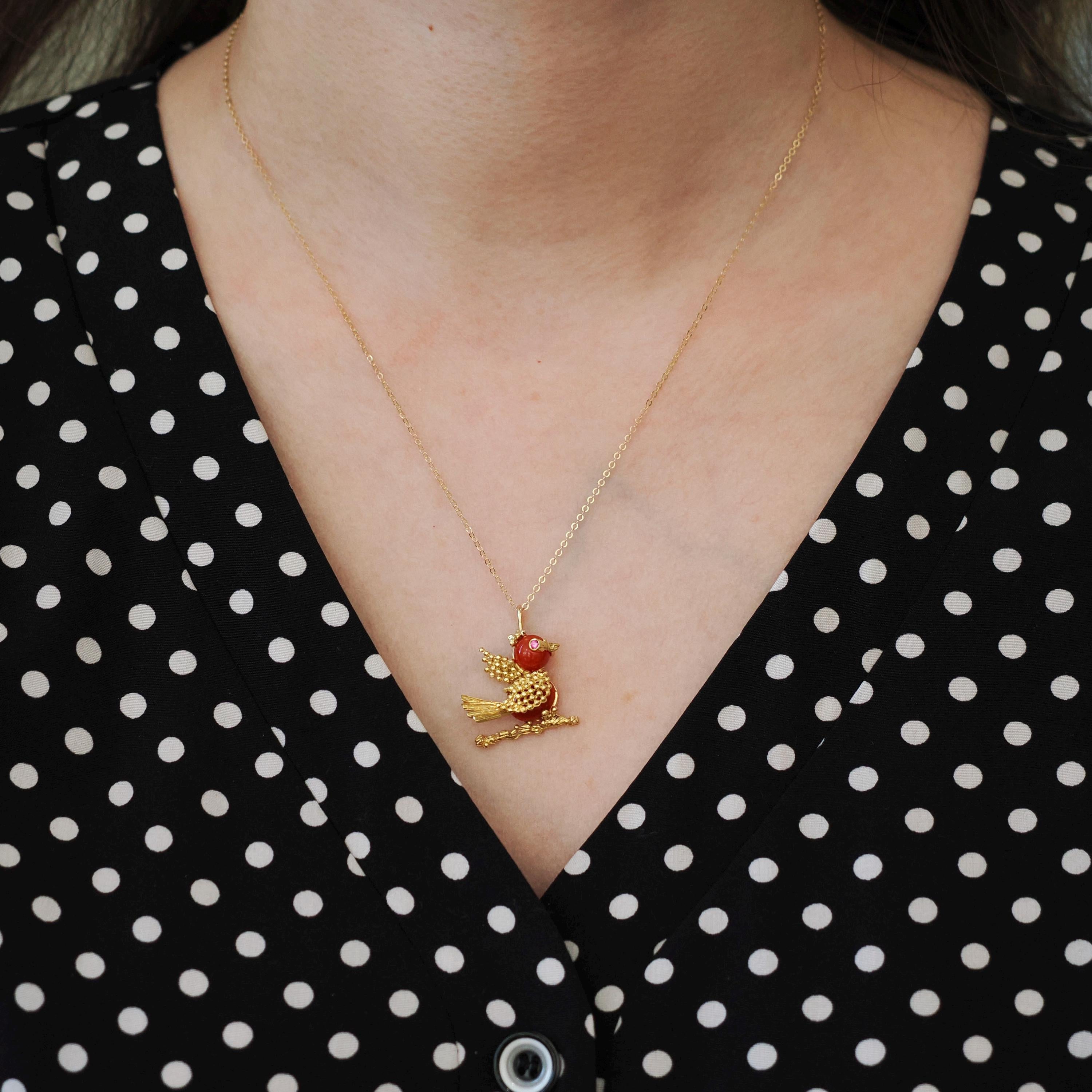 Vintage Tanager Pendant - Retro Era 18k Yellow Gold Figural Avian Coral Charm Necklace - Circa 1970s Ruby Eyes Fine Dainty Bird Fine Jewelry