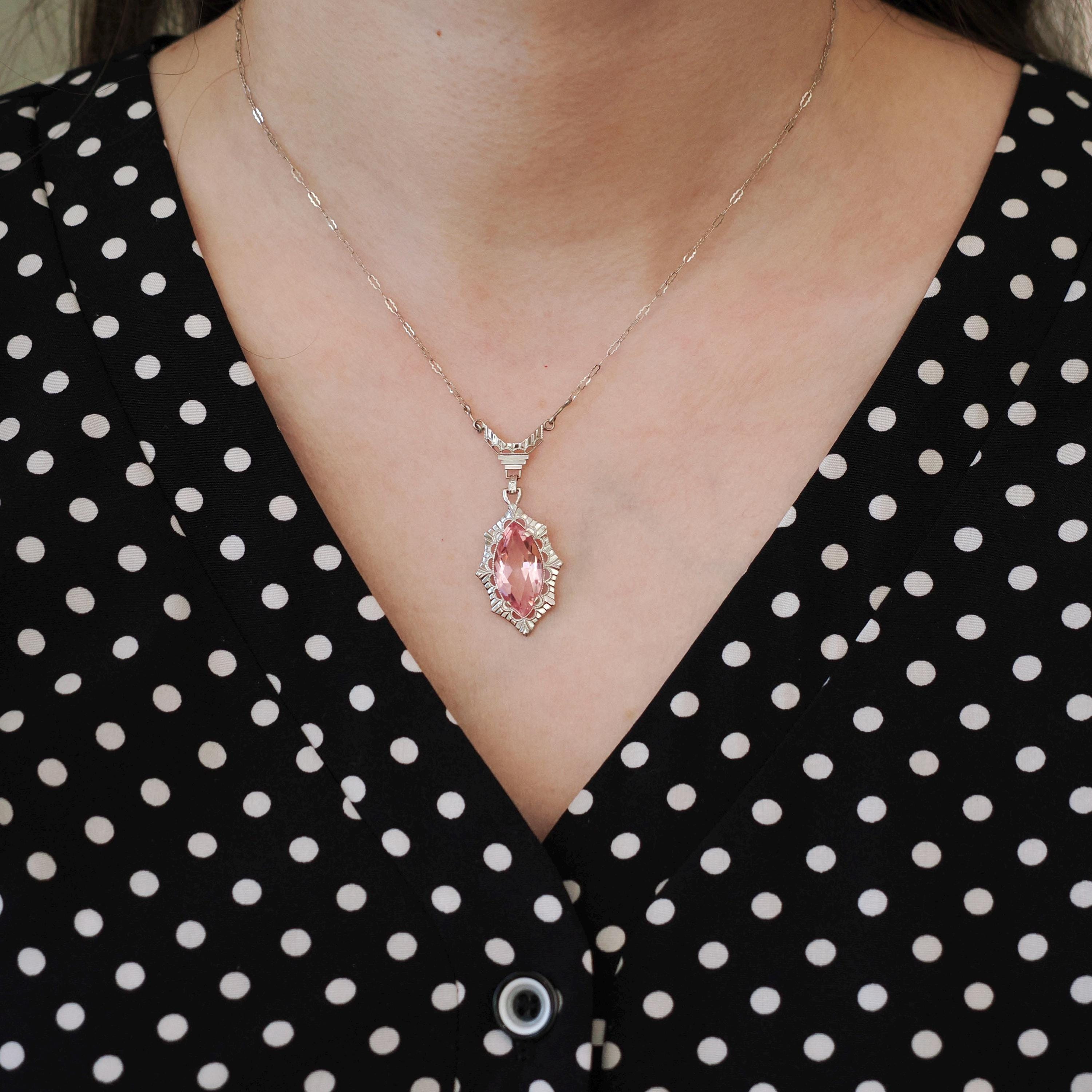 Art Deco Lavalier - Vintage 10k White Gold Simulated Pink Sapphire Necklace Pendant Charm - Circa 1930s Era Glass Marquise Fine 30s Jewelry