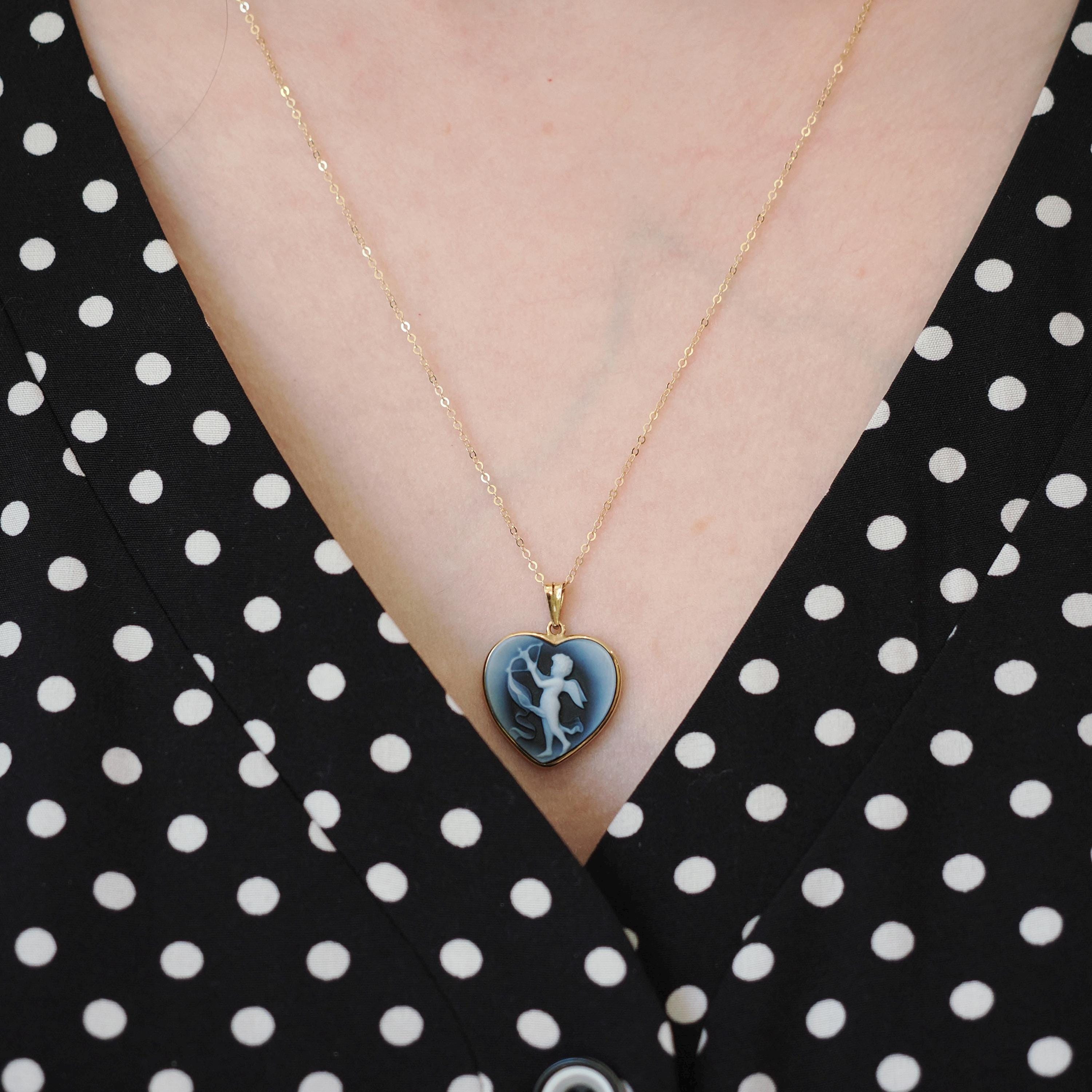 Cupid Heart Pendant - Estate 14k Yellow Gold Carved Black & White Onyx Cherub Bow Charm Necklace - Modern Circa 2000s Era Love Fine Jewelry