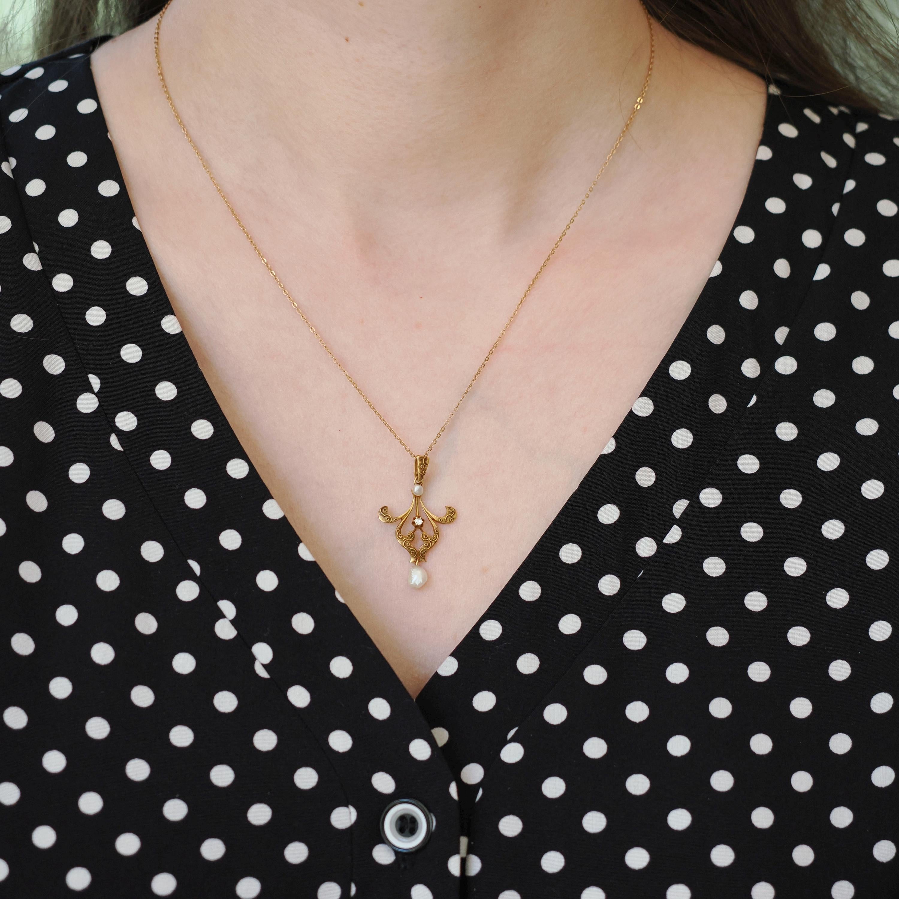 Antique Lavalier Pendant - Vintage 10k Yellow Gold Natural Diamond Baroque Seed Pearl Charm Necklace - Edwardian Circa 1910 Era Fine Jewelry