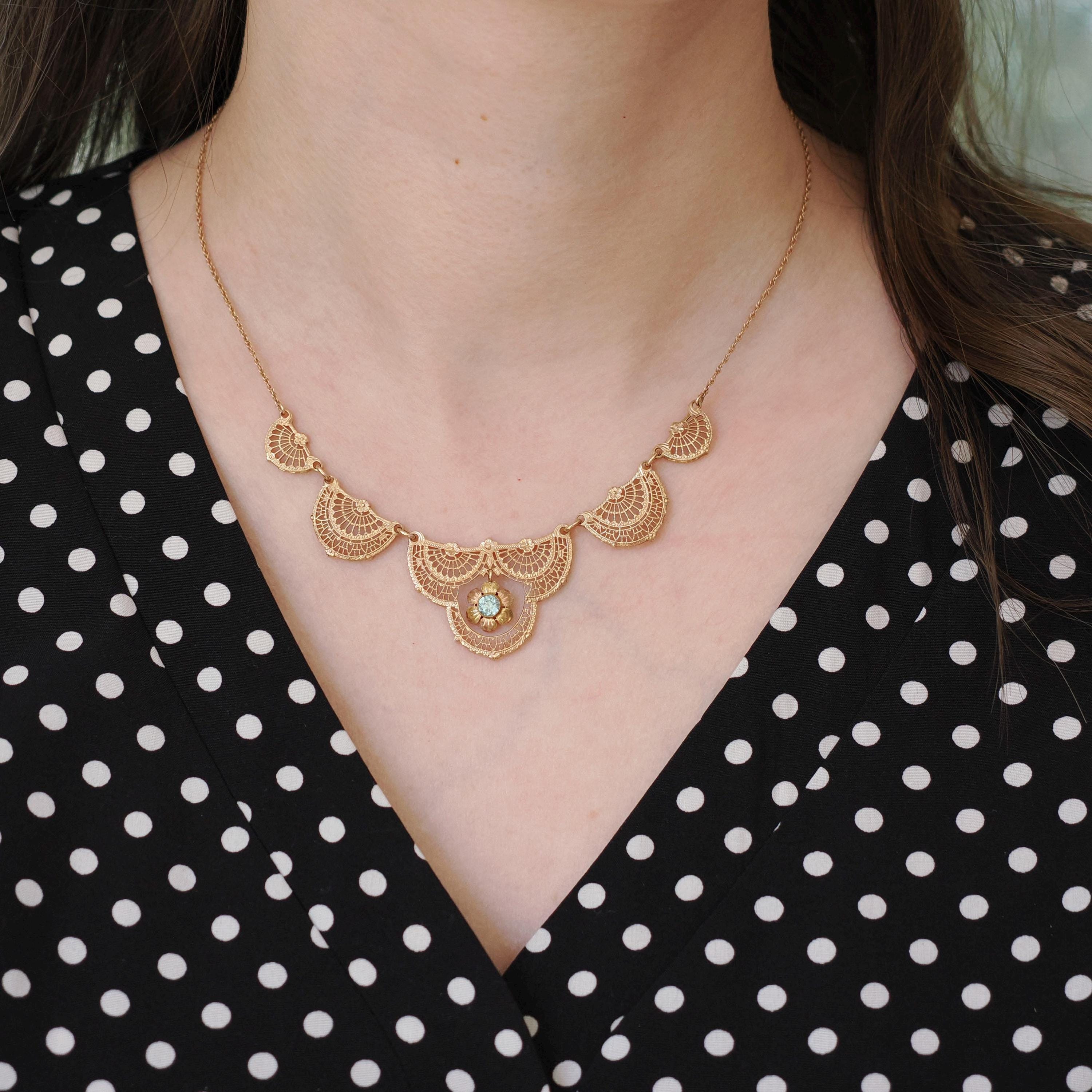 Vintage Filigree Necklace - Mid Century 10k Yellow Gold Natural Blue Zircon Panel Festoon - Early 1940s Deco Style Graduated Fine Jewelry