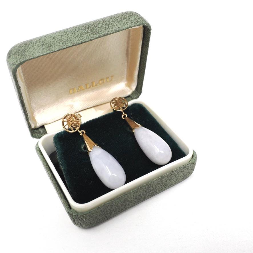 Jadeite Drop Earrings - 14k Yellow Gold Natural Teardrop Gemstones - Lavender Jade Circa 80s Era Pierced Friction Post Fu Luck Fine Jewelry