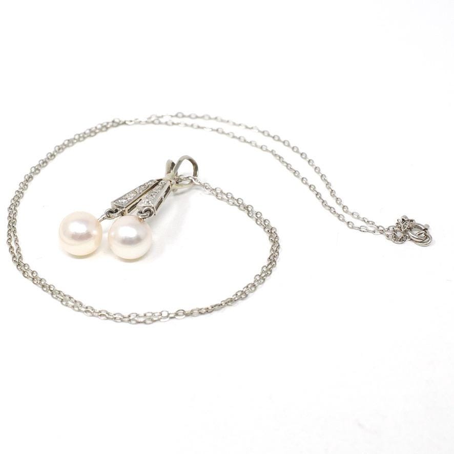 Mid Century Necklace - Vintage 10k White Gold Cultured Pearl & .22 CTW Diamond Pendant - Circa 1950s Era Two Stone Fringe Fine Jewelry