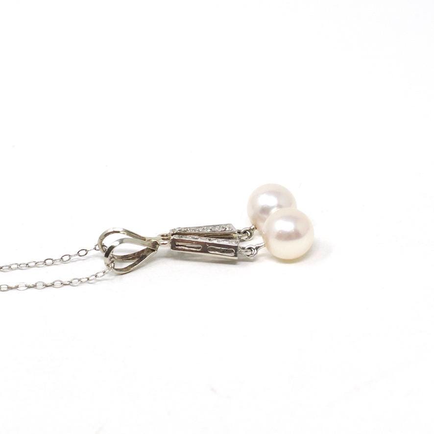 Mid Century Necklace - Vintage 10k White Gold Cultured Pearl & .22 CTW Diamond Pendant - Circa 1950s Era Two Stone Fringe Fine Jewelry