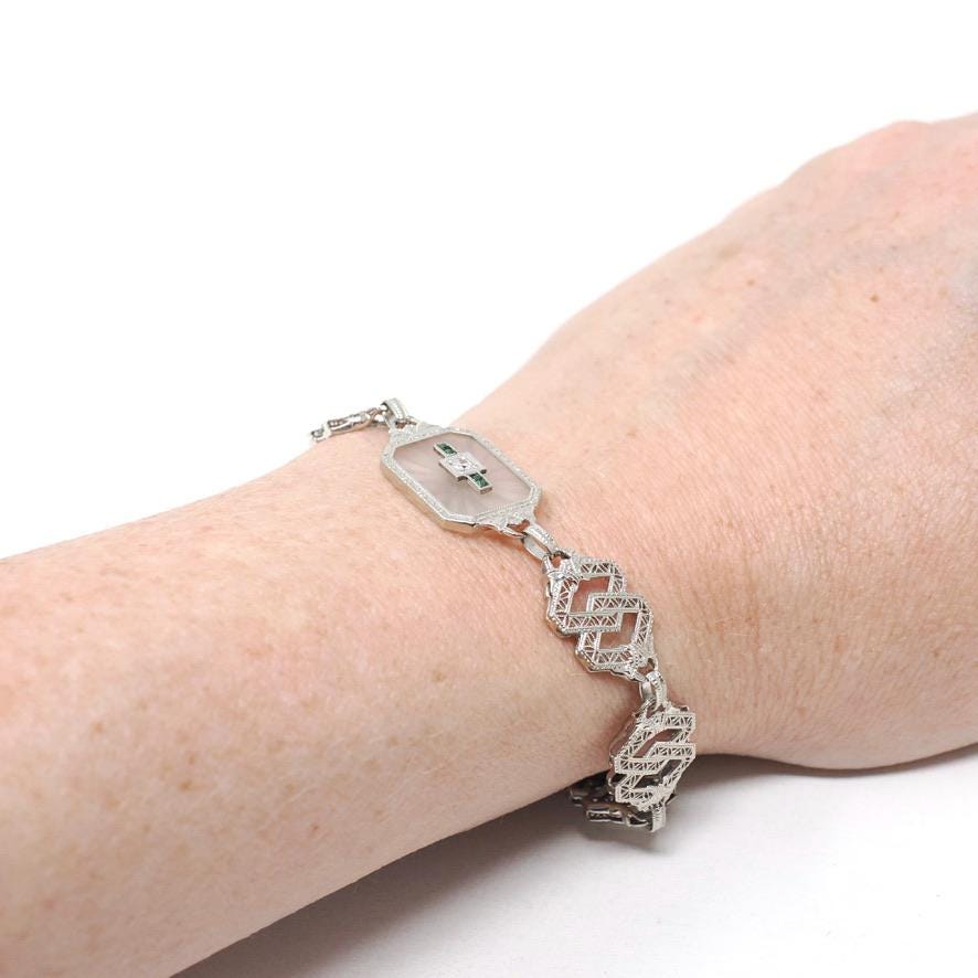 Rock Crystal Quartz Bracelet - Art Deco 10k White Gold Natural Diamond & Camphor Glass Style Statement - Vintage 1930s Filigree Fine Jewelry