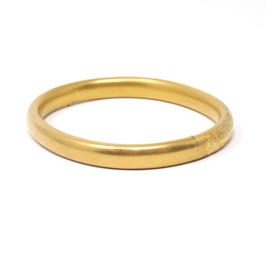 Vintage Flower Bangle - Estate Yellow Green Rose Gold Filled Flower Leaf Design - Circa 1940s Era 7 1/4 Inch Statement Bracelet Jewelry