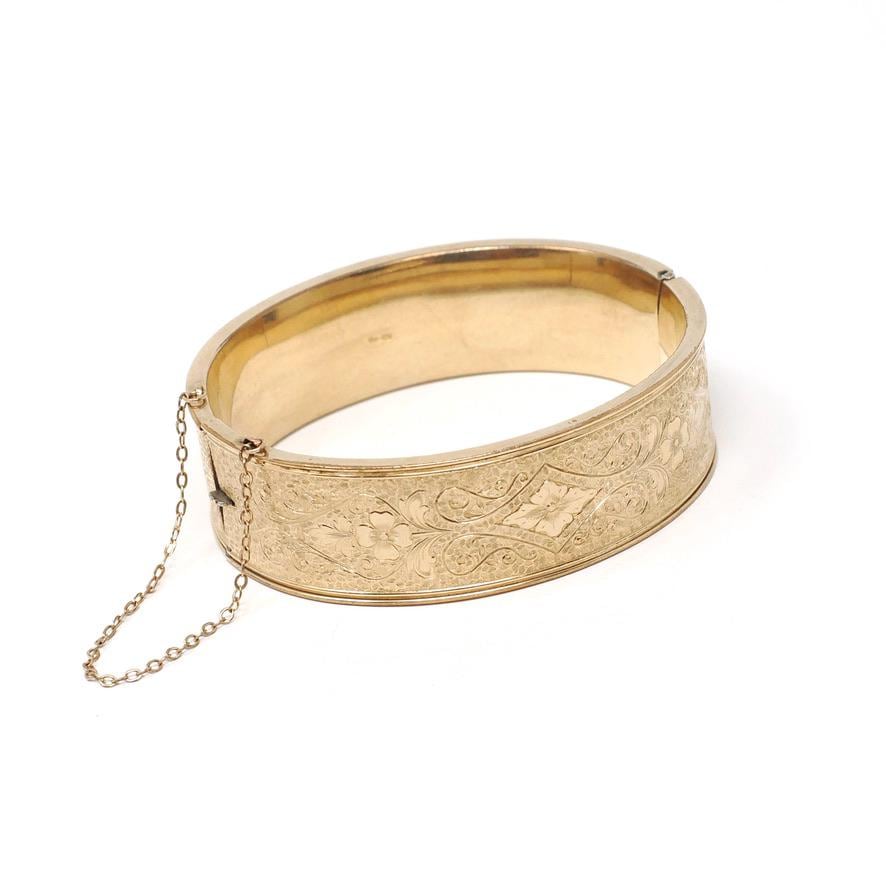 Vintage Flower Bangle - Retro 12k Gold Filled Engraved Floral Designs Wide Hinged Bracelet - Circa 1940s Era Statement Signed Winard Jewelry