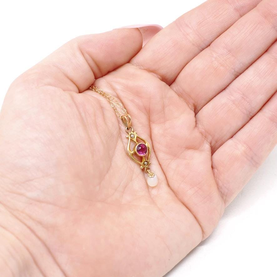 Antique Lavalier Necklace - Edwardian 10k Yellow Gold Red Purple Glass Stone & Seed Pearls Pendant - Circa 1910s Era Ostby Barton OB Jewelry