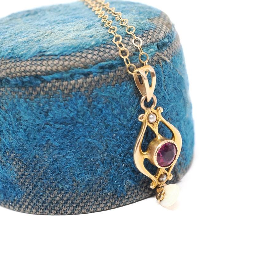Antique Lavalier Necklace - Edwardian 10k Yellow Gold Red Purple Glass Stone & Seed Pearls Pendant - Circa 1910s Era Ostby Barton OB Jewelry