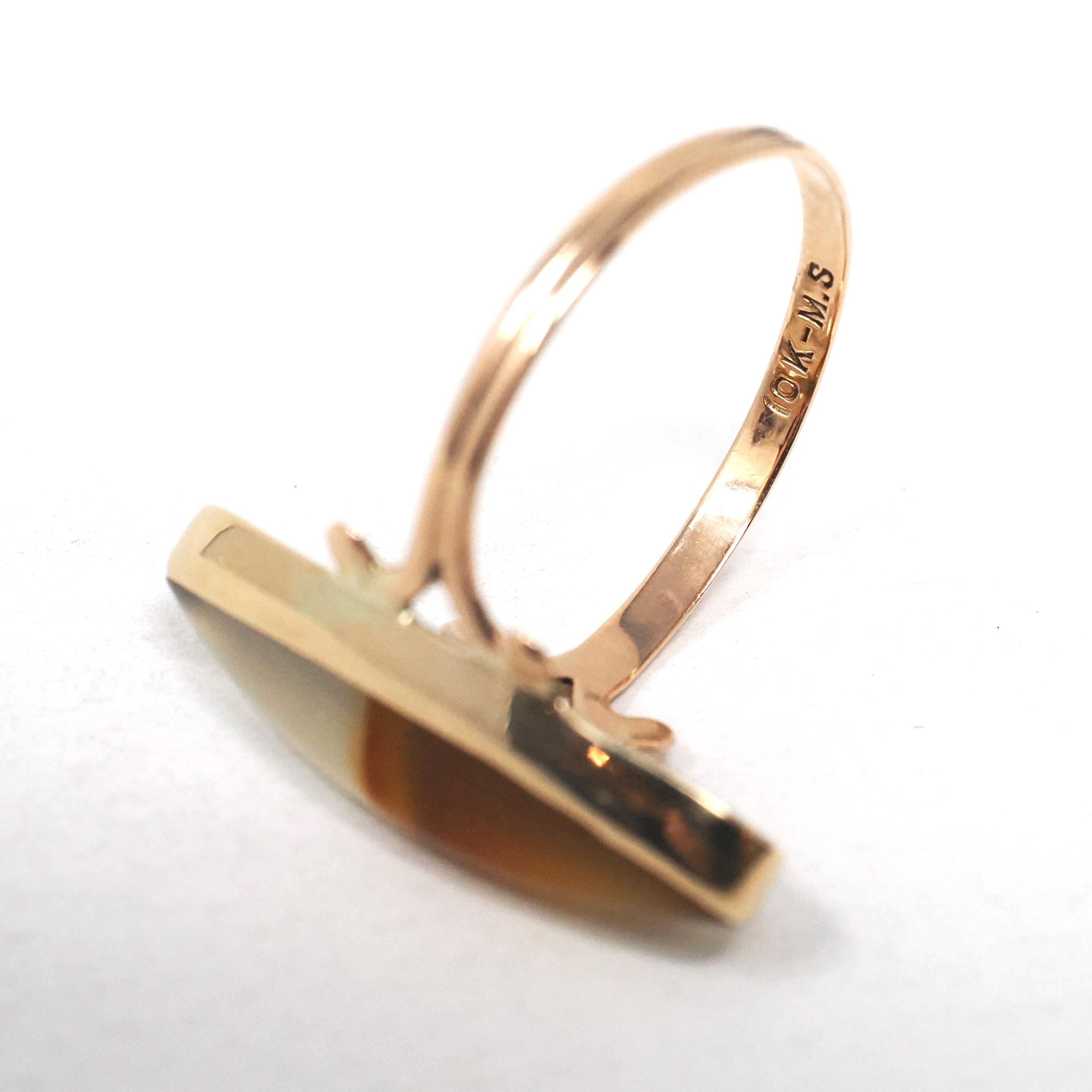 Vintage Agate Ring - Retro 10k Yellow Gold Marquise Cabochon Cut Banded Gemstone - Circa 1940s Size 7 Navette Style Fine Statement Jewelry