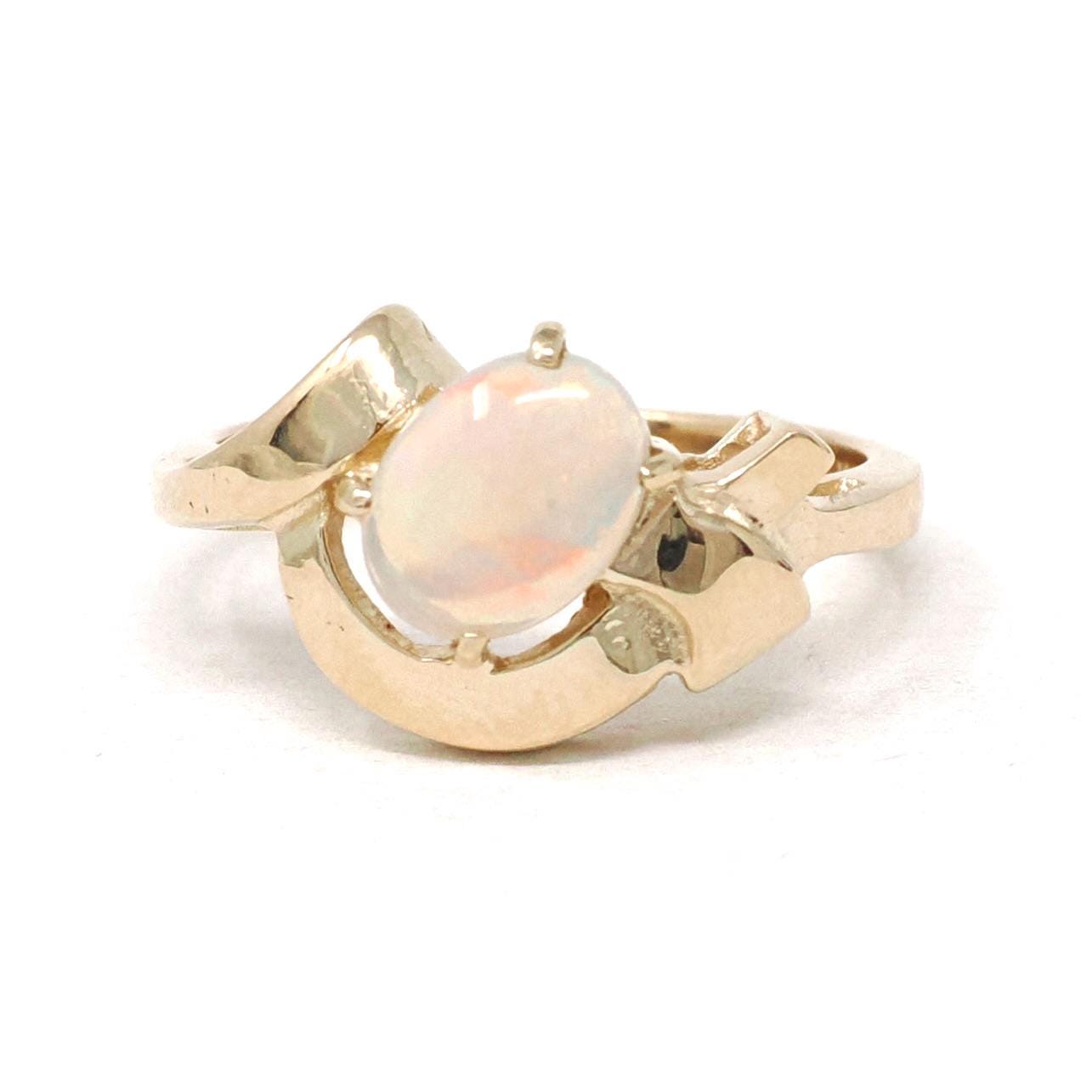 Vintage Opal Ring - Retro 14k Yellow Gold Cabochon Cut Gem Bypass - Circa 1960s Era Size 6 1/4 October Birthstone Fine Ribbon Bow Jewelry