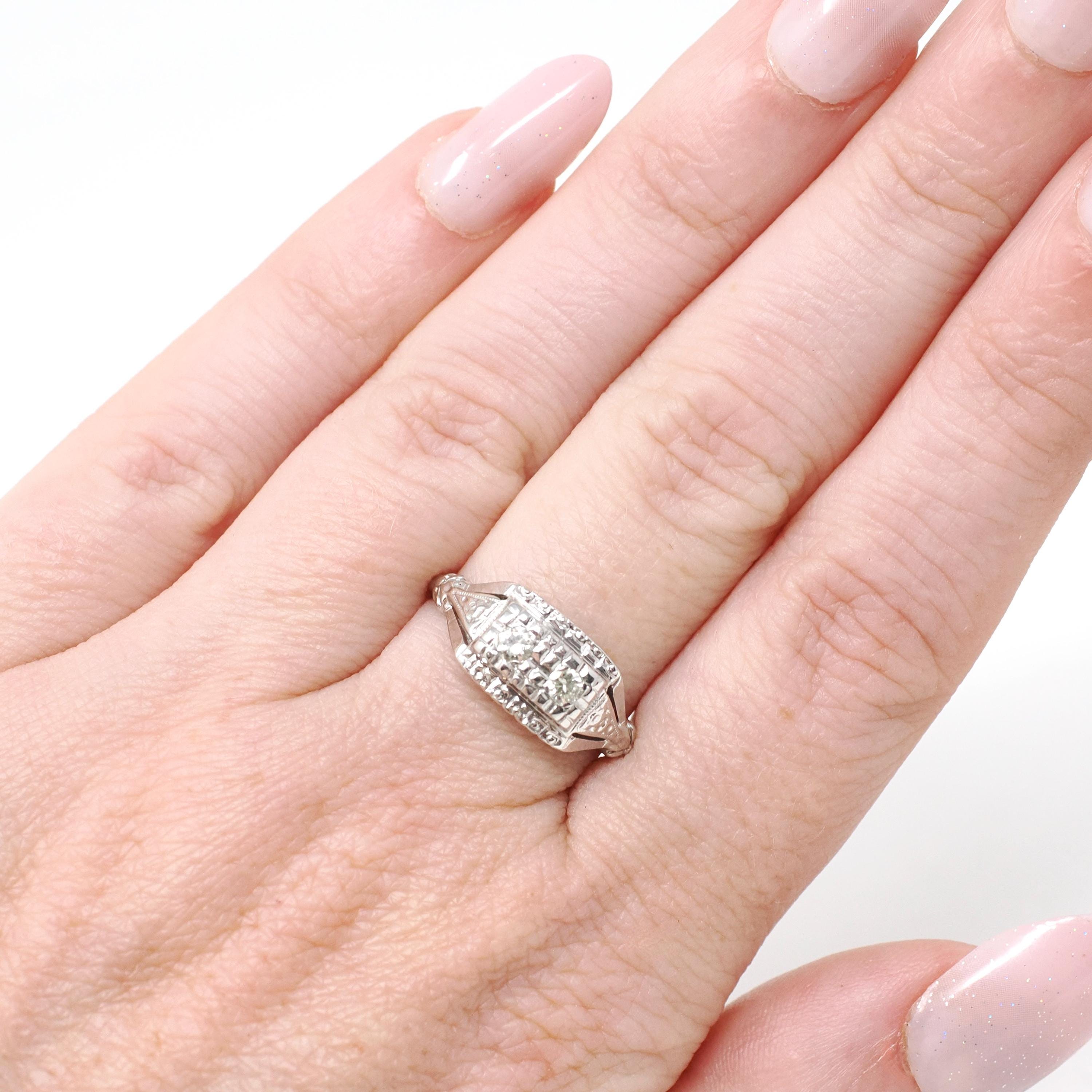 Mid Century Diamond Ring - Vintage 14k White Gold .12 CTW Anniversary Band - Circa 1950s Era Size 6 Illusion Fine Bridal Statement Jewelry